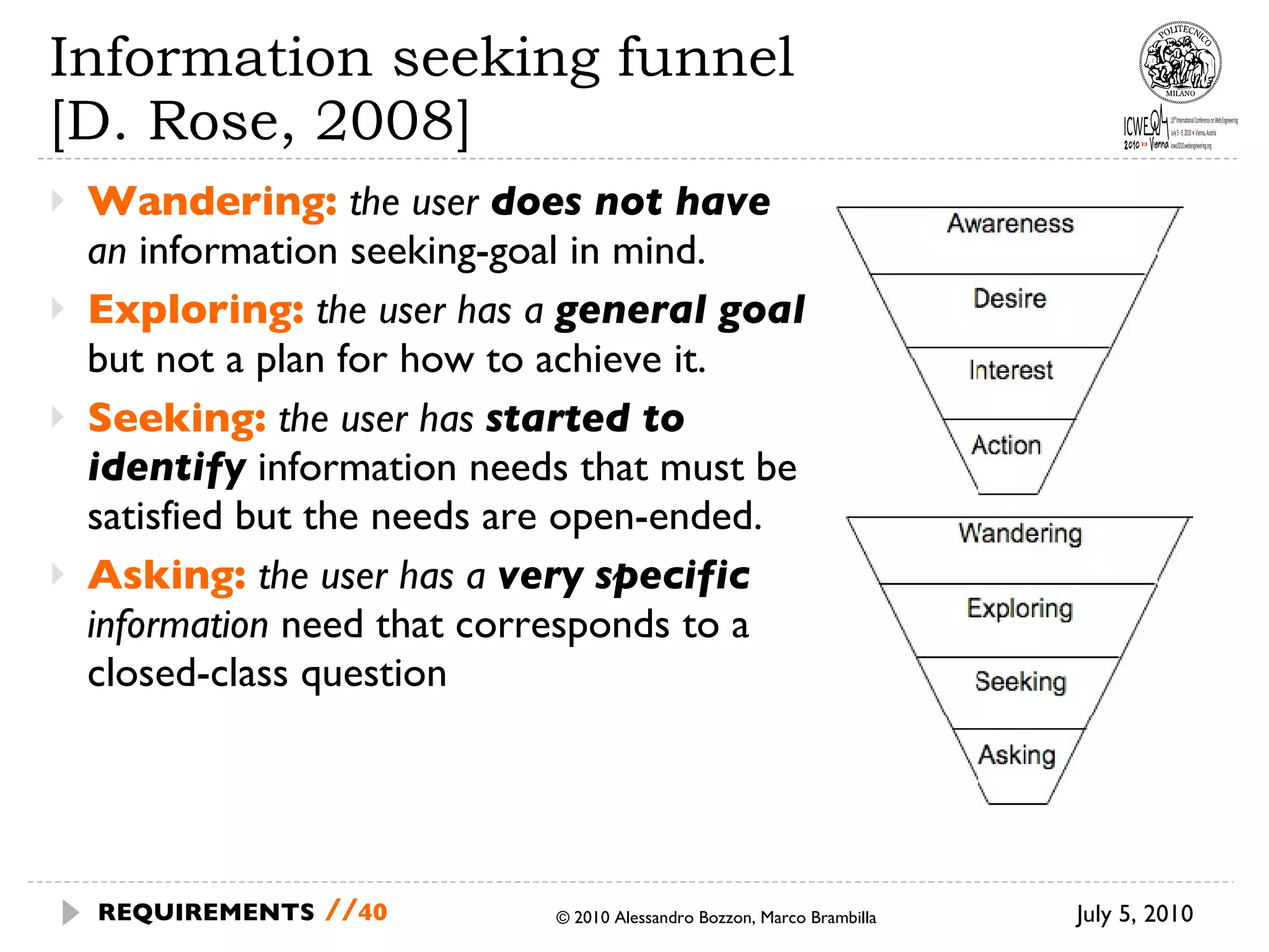 Information seeking funnel [D. Rose, 2008] Wandering:  the user  does not have  an  information seeking-goal in mind.  Exploring:  the user has a  general goal  but not a plan for how to achieve it. Seeking:   the user has  started to identify  information needs that must be satisfied but the needs are open-ended. Asking:  the user has a  very specific  information  need that corresponds to a closed-class question © 2010 Alessandro Bozzon, Marco Brambilla July 5, 2010 REQUIREMENTS   // 