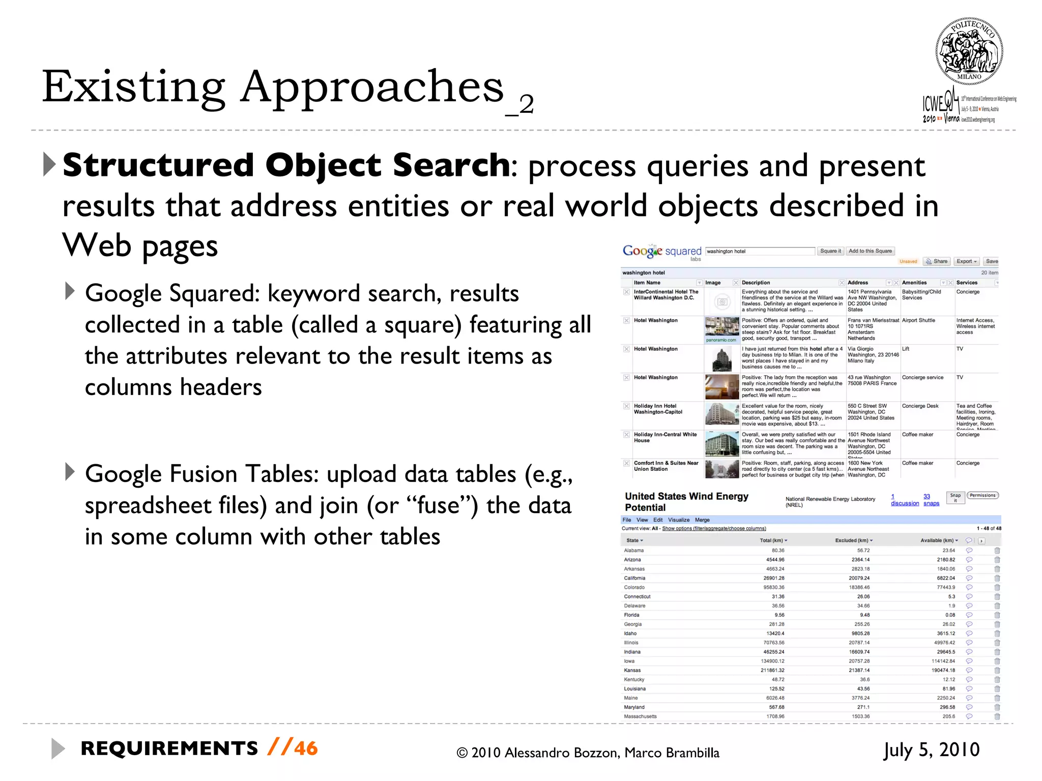 Existing Approaches _2 Structured Object Search : process queries and present results that address entities or real world objects described in Web pages July 5, 2010 © 2010 Alessandro Bozzon, Marco Brambilla REQUIREMENTS   // Google Squared: keyword search, results collected in a table (called a square) featuring all the attributes relevant to the result items as columns headers Google Fusion Tables: upload data tables (e.g., spreadsheet files) and join (or “fuse”) the data in some column with other tables 