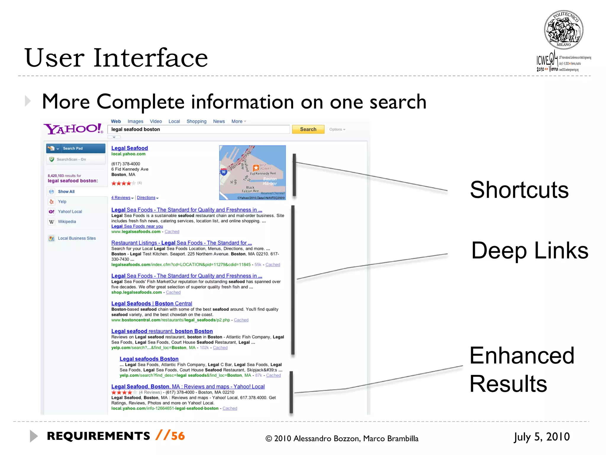 User Interface More Complete information on one search July 5, 2010 © 2010 Alessandro Bozzon, Marco Brambilla REQUIREMENTS   // Shortcuts Deep Links Enhanced Results 