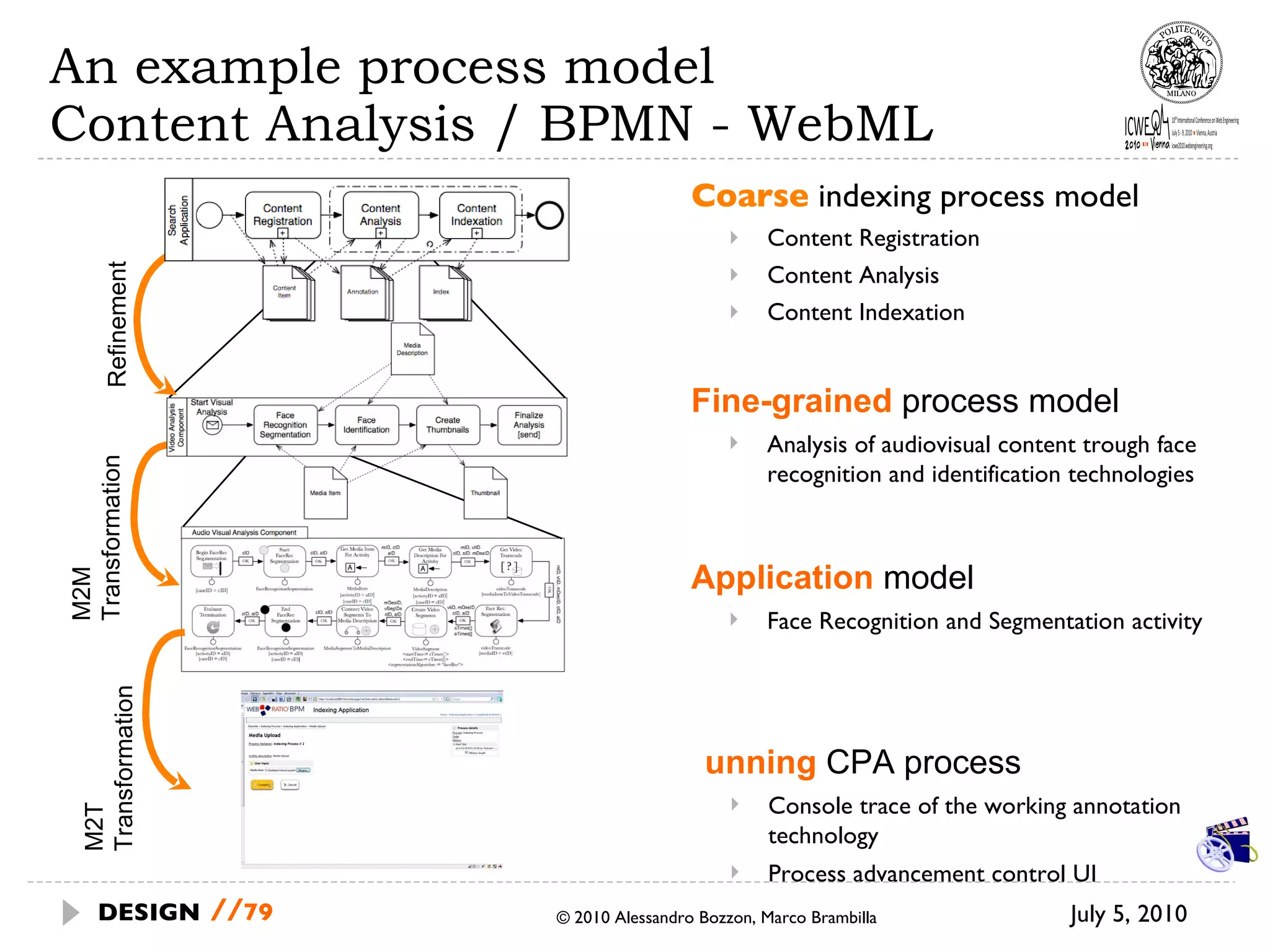 An example process model Content Analysis / BPMN - WebML Coarse  indexing process model Content Registration Content Analysis Content Indexation July 5, 2010  © 2010 Alessandro Bozzon, Marco Brambilla DESIGN   // Fine-grained  process model Analysis of audiovisual content trough face recognition and identification technologies Application  model Face Recognition and Segmentation activity Running  CPA process Console trace of the working annotation technology Process advancement control UI Refinement M2M Transformation M2T Transformation 