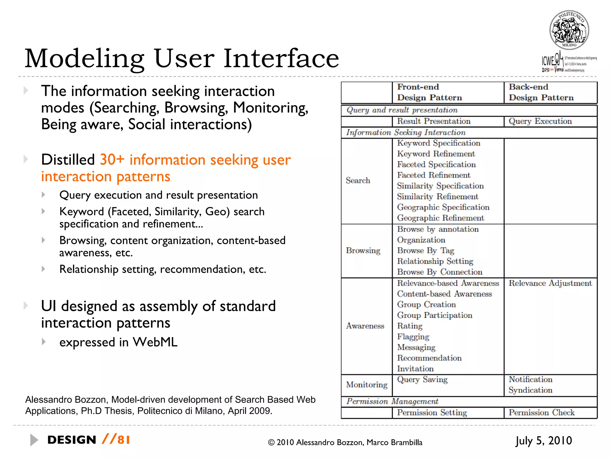 Modeling User Interface The information seeking interaction  modes (Searching, Browsing, Monitoring,  Being aware, Social interactions) Distilled  30+ information seeking user interaction patterns Query execution and result presentation Keyword (Faceted, Similarity, Geo) search  specification and refinement... Browsing, content organization, content-based awareness, etc. Relationship setting, recommendation, etc. UI designed as assembly of standard interaction patterns  expressed in WebML July 5, 2010  © 2010 Alessandro Bozzon, Marco Brambilla DESIGN   // Alessandro Bozzon, Model-driven development of Search Based Web Applications, Ph.D Thesis, Politecnico di Milano, April 2009. 