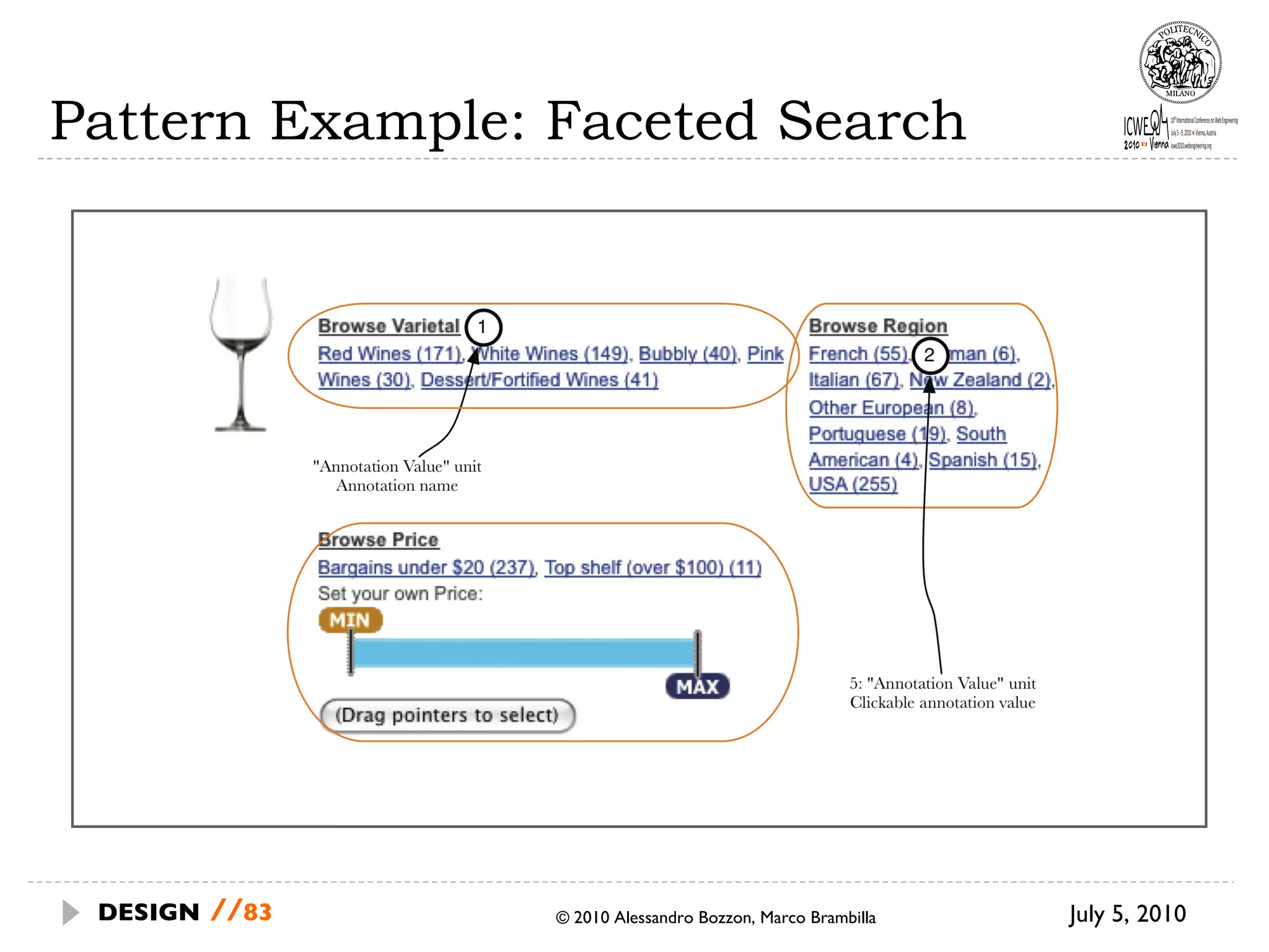 Pattern Example: Faceted Search July 5, 2010  © 2010 Alessandro Bozzon, Marco Brambilla DESIGN   // 