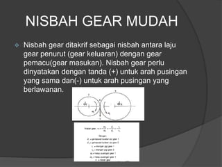 NISBAH GEAR MUDAH
 Nisbah gear ditakrif sebagai nisbah antara laju
gear penurut (gear keluaran) dengan gear
pemacu(gear masukan). Nisbah gear perlu
dinyatakan dengan tanda (+) untuk arah pusingan
yang sama dan(-) untuk arah pusingan yang
berlawanan.
 
