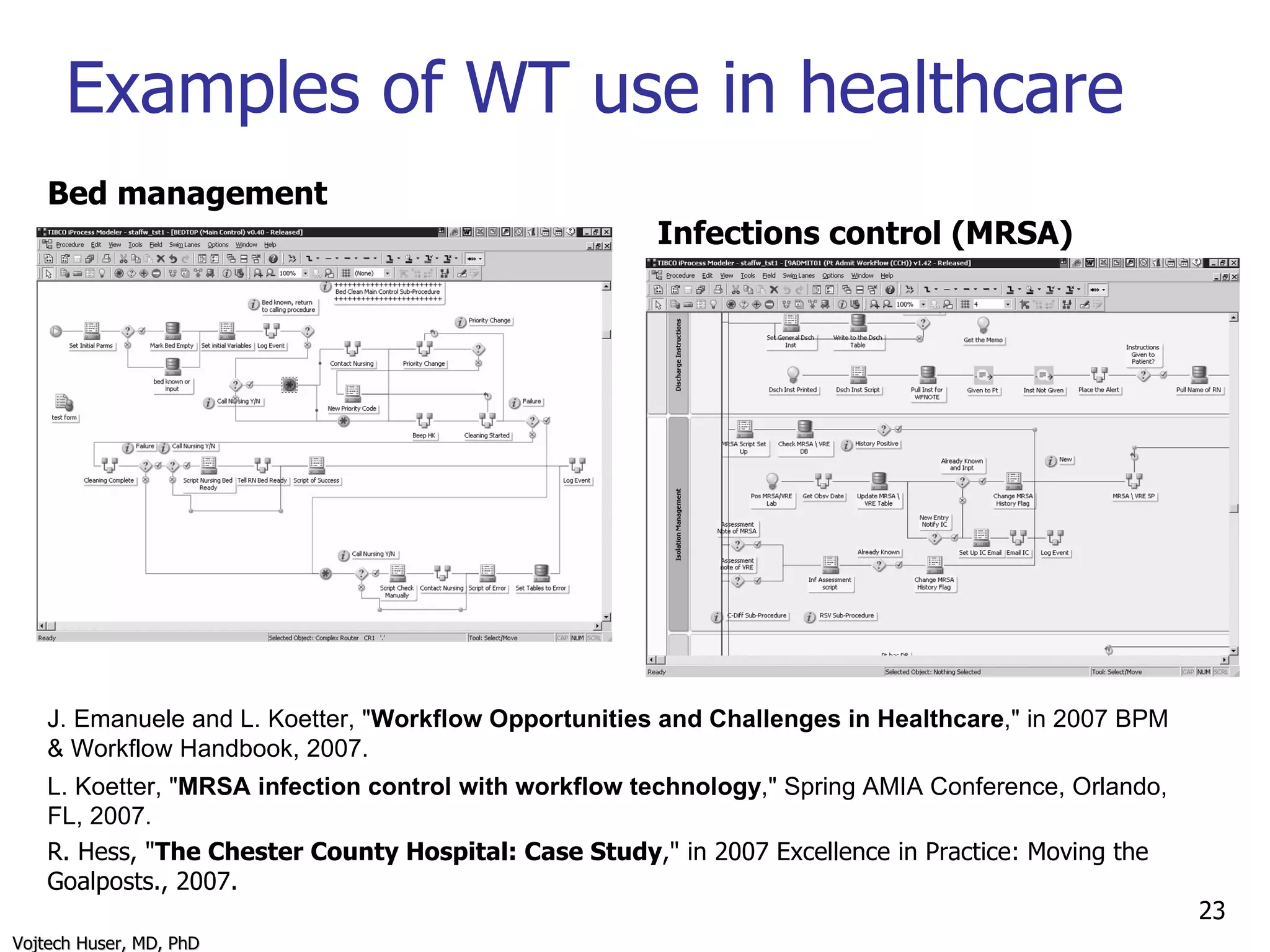 Examples of WT use in healthcare Bed management Infections control (MRSA) J. Emanuele and L. Koetter, " Workflow Opportunities and Challenges in Healthcare ," in 2007 BPM & Workflow Handbook, 2007. L. Koetter, " MRSA infection control with workflow technology ," Spring AMIA Conference, Orlando, FL, 2007. R. Hess, " The Chester County Hospital: Case Study ," in 2007 Excellence in Practice: Moving the Goalposts., 2007. 