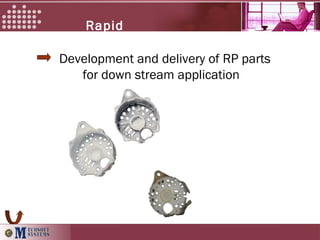 Development and delivery of RP parts
for down stream application
Rapid
Prototyping
 