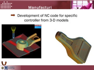 Development of NC code for specific
controller from 3-D models
Manufacturi
ng
 