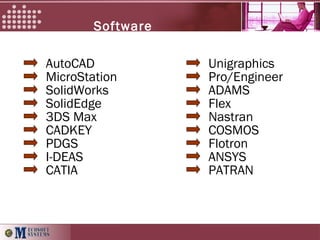 AutoCAD Unigraphics
MicroStation Pro/Engineer
SolidWorks ADAMS
SolidEdge Flex
3DS Max Nastran
CADKEY COSMOS
PDGS Flotron
I-DEAS ANSYS
CATIA PATRAN
Software
expertise
 