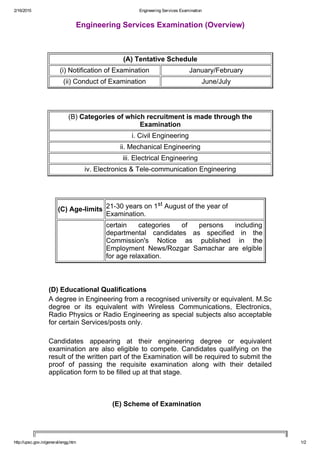 2/16/2015 Engineering Services Examination
http://upsc.gov.in/general/engg.htm 1/2
Engineering Services Examination (Overview)
 
(A) Tentative Schedule
(i) Notification of Examination January/February
(ii) Conduct of Examination June/July
 
(B) Categories of which recruitment is made through the
Examination
i. Civil Engineering
ii. Mechanical Engineering
iii. Electrical Engineering
iv. Electronics & Tele­communication Engineering
 
(C) Age­limits 21­30 years on 1st August of the year of
Examination.
 
certain  categories  of  persons  including
departmental  candidates  as  specified  in  the
Commission's  Notice  as  published  in  the
Employment  News/Rozgar  Samachar  are  elgible
for age relaxation.
 
(D) Educational Qualifications
A degree in Engineering from a recognised university or equivalent. M.Sc
degree  or  its  equivalent  with  Wireless  Communications,  Electronics,
Radio Physics or Radio Engineering as special subjects also acceptable
for certain Services/posts only.
 
Candidates  appearing  at  their  engineering  degree  or  equivalent
examination  are  also  eligible  to  compete.  Candidates  qualifying  on  the
result of the written part of the Examination will be required to submit the
proof  of  passing  the  requisite  examination  along  with  their  detailed
application form to be filled up at that stage.
 
(E) Scheme of Examination
 
 