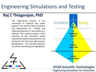 Engineering Simulations and Testing
Raj C Thiagarajan, PhD
    The Engineering process is the
    conversion of material into useful
    product. The need for both simulation
    and experiments for reliable and
    rapid development of new products is
    outlined. This report provides a brief
    overview of the simulation based
    engineered product development and
    testing for the first time right product
    development. The interplay between
    simulation and testing are highlighted.




                                               ATOA Scientific Technologies
                                               Engineering Simulation For Innovation
 