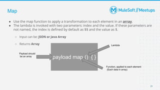Map
● Use the map function to apply a transformation to each element in an array.
● The lambda is invoked with two paramet...