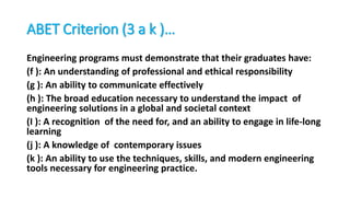 ABET Criterion (3 a k )…
Engineering programs must demonstrate that their graduates have:
(f ): An understanding of professional and ethical responsibility
(g ): An ability to communicate effectively
(h ): The broad education necessary to understand the impact of
engineering solutions in a global and societal context
(I ): A recognition of the need for, and an ability to engage in life-long
learning
(j ): A knowledge of contemporary issues
(k ): An ability to use the techniques, skills, and modern engineering
tools necessary for engineering practice.
 