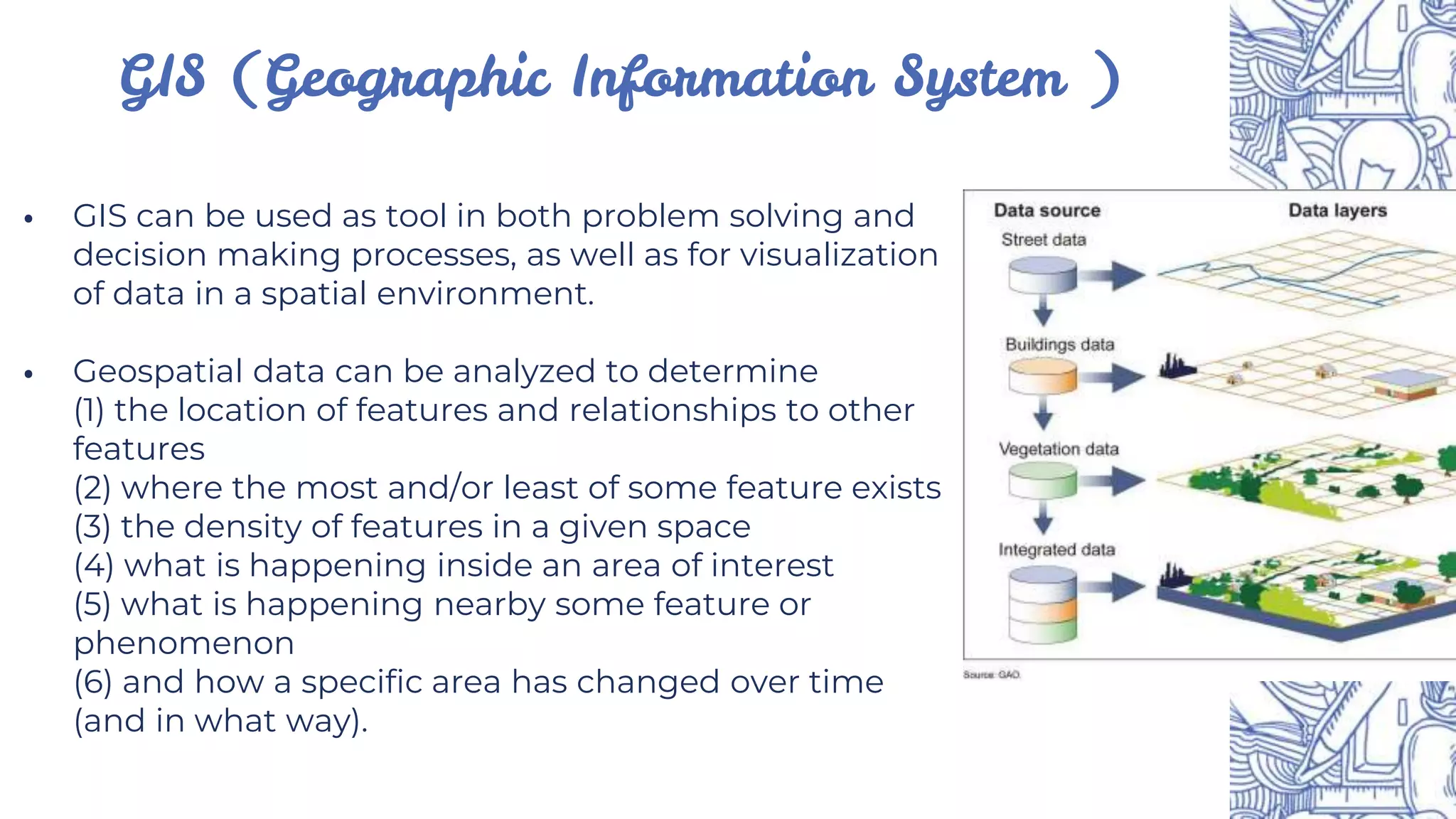 ⦁ GIS can be used as tool in both problem solving and
decision making processes, as well as for visualization
of data in a spatial environment.
⦁ Geospatial data can be analyzed to determine
(1) the location of features and relationships to other
features
(2) where the most and/or least of some feature exists
(3) the density of features in a given space
(4) what is happening inside an area of interest
(5) what is happening nearby some feature or
phenomenon
(6) and how a specific area has changed over time
(and in what way).
GIS (Geographic Information System )
 