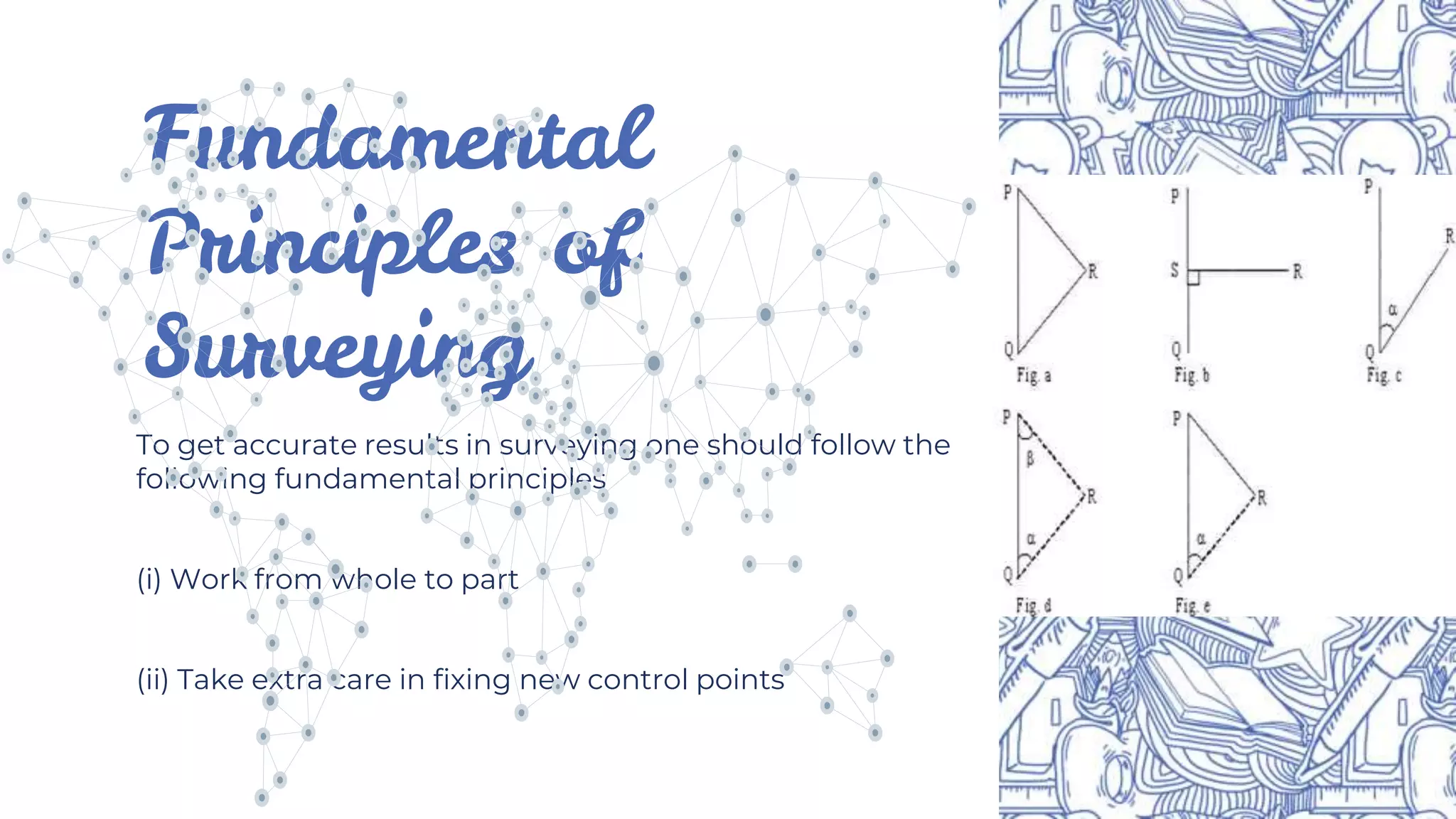 Fundamental
Principles of
Surveying
To get accurate results in surveying one should follow the
following fundamental principles
(i) Work from whole to part
(ii) Take extra care in fixing new control points
 