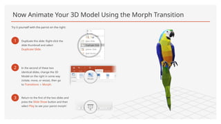 Now Animate Your 3D Model Using the Morph Transition
Try it yourself with the parrot on the right:
1 Duplicate this slide: Right-click the
slide thumbnail and select
Duplicate Slide.
2 In the second of these two
identical slides, change the 3D
Model on the right in some way
(rotate, move, or resize), then go
to Transitions > Morph.
3 Return to the first of the two slides and
press the Slide Show button and then
select Play to see your parrot morph!
 
