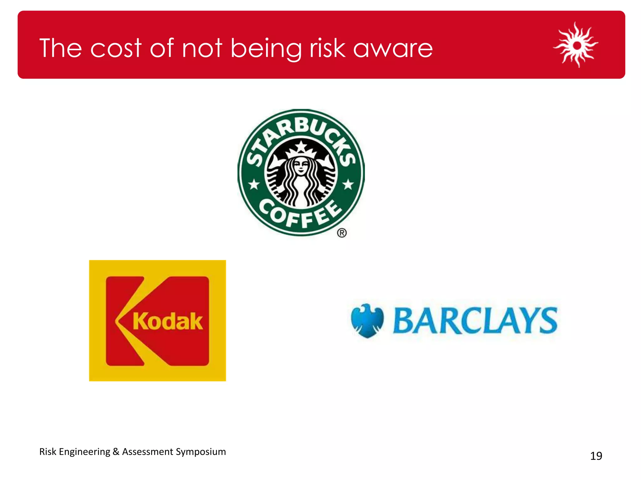 The cost of not being risk aware




Risk Engineering & Assessment Symposium   19
 