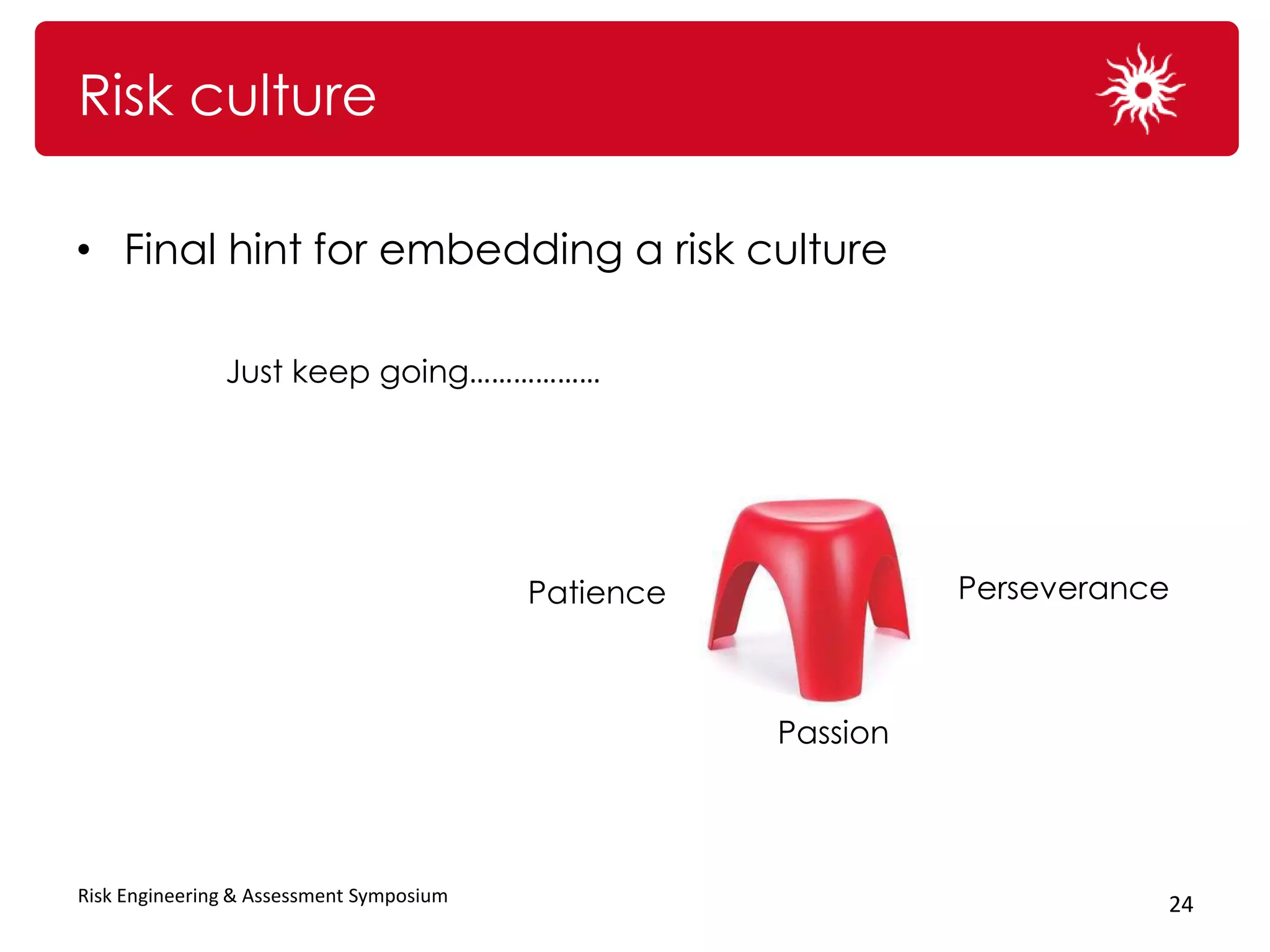 Risk culture

• Final hint for embedding a risk culture

               Just keep going………………




                                          Patience             Perseverance



                                                     Passion




Risk Engineering & Assessment Symposium                                   24
 