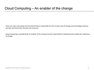 Copyright © 2015 Accenture All rights reserved.
Cloud Computing – An enabler of the change
19
a
There are many macrolevel and microlevel factors responsible for the increase rate of change and technology evolution
we have witnessed over the past two centuries.
Cloud computing is possibly both an enabler of the change and also responsible for helping business adopt the rapid pace
of change.
 