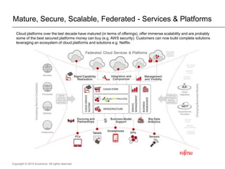 Copyright © 2015 Accenture All rights reserved.
Mature, Secure, Scalable, Federated - Services & Platforms
Cloud platforms over the last decade have matured (in terms of offerings), offer immense scalability and are probably
some of the best secured platforms money can buy (e.g. AWS security). Customers can now build complete solutions
leveraging an ecosystem of cloud platforms and solutions e.g. Netflix.
 
