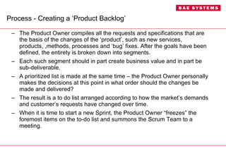 Process - Creating a ‘Product Backlog’ The Product Owner compiles all the requests and specifications that are the basis of the changes of the ‘product’, such as new services, products, ,methods, processes and ‘bug’ fixes. After the goals have been defined, the entirety is broken down into segments.  Each such segment should in part create business value and in part be sub-deliverable. A prioritized list is made at the same time – the Product Owner personally makes the decisions at this point in what order should the changes be made and delivered?  The result is a to do list arranged according to how the market’s demands and customer’s requests have changed over time.  When it is time to start a new Sprint, the Product Owner “freezes” the foremost items on the to-do list and summons the Scrum Team to a meeting. 