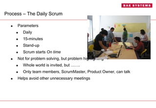 Process –  The Daily Scrum Parameters Daily 15-minutes Stand-up Scrum starts  On time   Not for problem solving, but problem highlighting Whole world is invited, but ……. Only team members, ScrumMaster, Product Owner, can talk Helps avoid other unnecessary meetings 