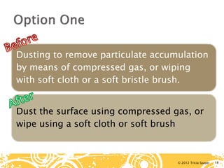 © 2012 Tricia Spayer 
Dusting to remove particulate accumulation by means of compressed gas, or wiping with soft cloth or a soft bristle brush. 
Dust the surface using compressed gas, or wipe using a soft cloth or soft brush 18 
 