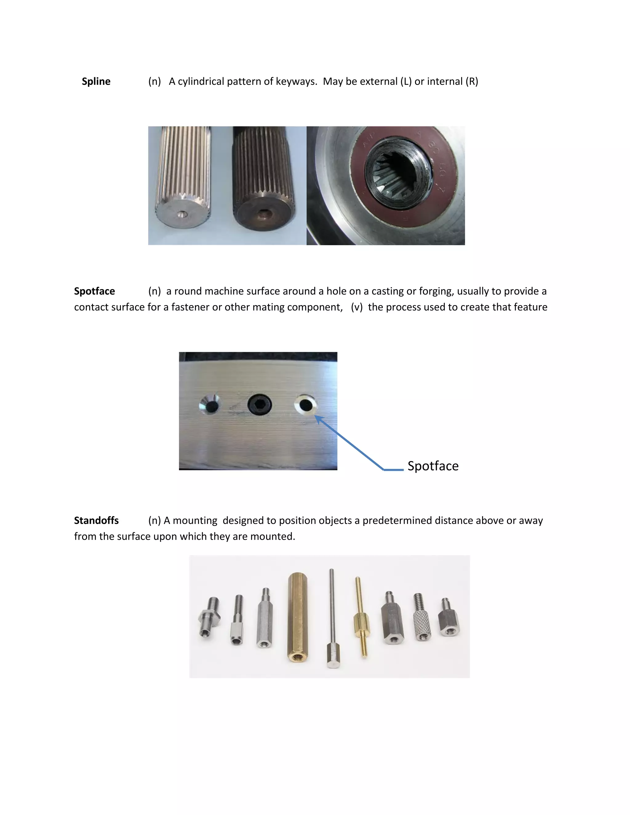 Spline (n) A cylindrical pattern of keyways. May be external (L) or internal (R)
Spotface (n) a round machine surface around a hole on a casting or forging, usually to provide a
contact surface for a fastener or other mating component, (v) the process used to create that feature
Spotface
Standoffs (n) A mounting designed to position objects a predetermined distance above or away
from the surface upon which they are mounted.
 