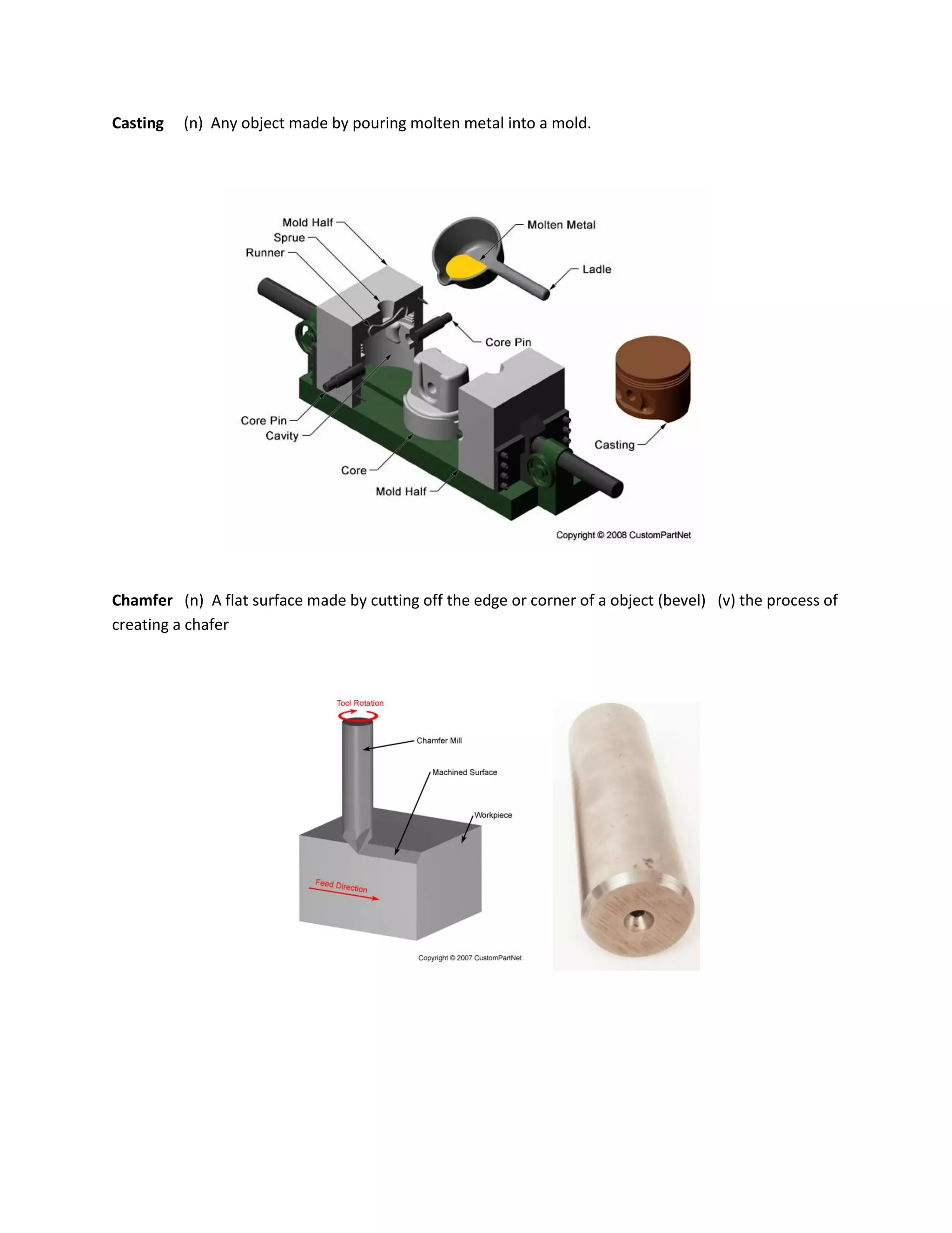 Casting (n) Any object made by pouring molten metal into a mold.
Chamfer (n) A flat surface made by cutting off the edge or corner of a object (bevel) (v) the process of
creating a chafer
 