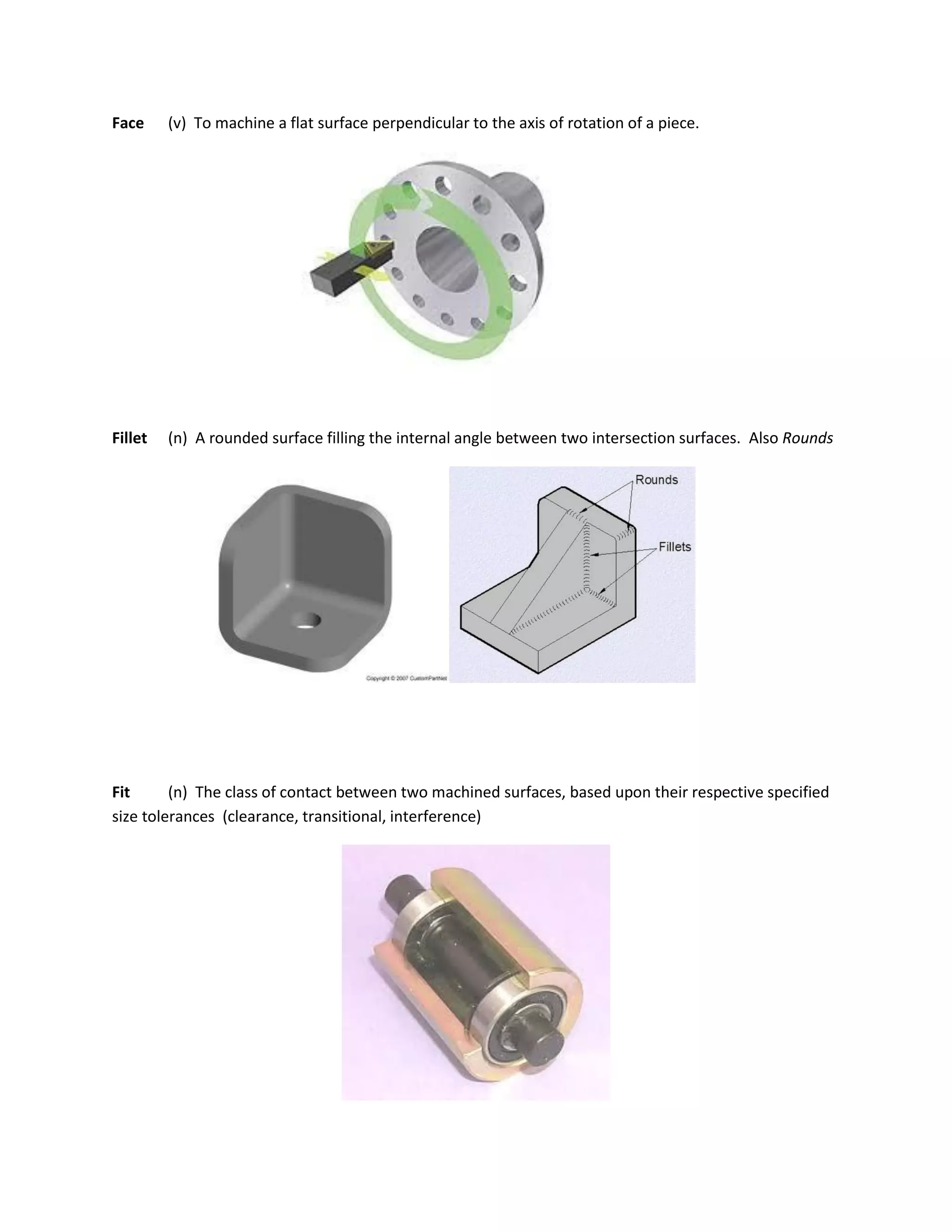 Face (v) To machine a flat surface perpendicular to the axis of rotation of a piece.
Fillet (n) A rounded surface filling the internal angle between two intersection surfaces. Also Rounds
Fit (n) The class of contact between two machined surfaces, based upon their respective specified
size tolerances (clearance, transitional, interference)
 