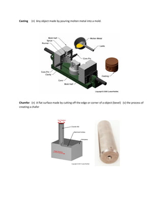 Casting (n) Any object made by pouring molten metal into a mold.
Chamfer (n) A flat surface made by cutting off the edge or corner of a object (bevel) (v) the process of
creating a chafer
 