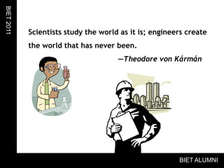 Scientists study the world as it is; engineers create the world that has never been.				—Theodore von KármánBIET 2011BIET ALUMNI