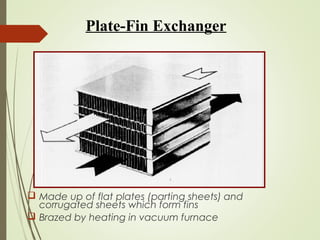 Plate-Fin Exchanger
 Made up of flat plates (parting sheets) and
corrugated sheets which form fins
 Brazed by heating in vacuum furnace
 