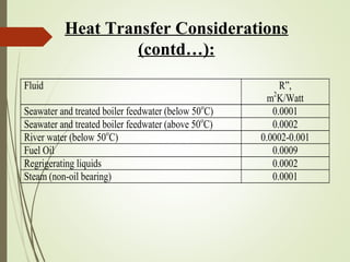Fluid R”,
m2
K/Watt
Seawater and treated boiler feedwater (below 50o
C) 0.0001
Seawater and treated boiler feedwater (above 50o
C) 0.0002
River water (below 50o
C) 0.0002-0.001
Fuel Oil 0.0009
Regrigerating liquids 0.0002
Steam (non-oil bearing) 0.0001
Heat Transfer Considerations
(contd…):
 