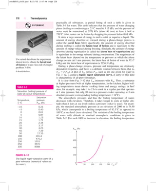 practically all substances. A partial listing of such a table is given in
Table 3–1 for water. This table indicates that the pressure of water changing
phase (boiling or condensing) at 25°C must be 3.17 kPa, and the pressure of
water must be maintained at 3976 kPa (about 40 atm) to have it boil at
250°C. Also, water can be frozen by dropping its pressure below 0.61 kPa.
It takes a large amount of energy to melt a solid or vaporize a liquid. The
amount of energy absorbed or released during a phase-change process is
called the latent heat. More specifically, the amount of energy absorbed
during melting is called the latent heat of fusion and is equivalent to the
amount of energy released during freezing. Similarly, the amount of energy
absorbed during vaporization is called the latent heat of vaporization and
is equivalent to the energy released during condensation. The magnitudes of
the latent heats depend on the temperature or pressure at which the phase
change occurs. At 1 atm pressure, the latent heat of fusion of water is 333.7
kJ/kg and the latent heat of vaporization is 2256.5 kJ/kg.
During a phase-change process, pressure and temperature are obviously
dependent properties, and there is a definite relation between them, that is,
Tsat  f(Psat). A plot of Tsat versus Psat, such as the one given for water in
Fig. 3–12, is called a liquid–vapor saturation curve. A curve of this kind
is characteristic of all pure substances.
It is clear from Fig. 3–12 that Tsat increases with Psat. Thus, a substance
at higher pressures boils at higher temperatures. In the kitchen, higher boil-
ing temperatures mean shorter cooking times and energy savings. A beef
stew, for example, may take 1 to 2 h to cook in a regular pan that operates
at 1 atm pressure, but only 20 min in a pressure cooker operating at 3 atm
absolute pressure (corresponding boiling temperature: 134°C).
The atmospheric pressure, and thus the boiling temperature of water,
decreases with elevation. Therefore, it takes longer to cook at higher alti-
tudes than it does at sea level (unless a pressure cooker is used). For exam-
ple, the standard atmospheric pressure at an elevation of 2000 m is 79.50
kPa, which corresponds to a boiling temperature of 93.3°C as opposed to
100°C at sea level (zero elevation). The variation of the boiling temperature
of water with altitude at standard atmospheric conditions is given in
Table 3–2. For each 1000 m increase in elevation, the boiling temperature
116 | Thermodynamics
TABLE 3–1
Saturation (boiling) pressure of
water at various temperatures
Saturation
Temperature, pressure,
T, °C Psat, kPa
10 0.26
5 0.40
0 0.61
5 0.87
10 1.23
15 1.71
20 2.34
25 3.17
30 4.25
40 7.39
50 12.35
100 101.4
150 476.2
200 1555
250 3976
300 8588
Use actual data from the experiment
shown here to obtain the latent heat
of fusion of water. See end-of-chapter
problem 3–146.
© Ronald Mullisen
400
200
0
0 200
150
100
50
600
Tsat,°C
Psat, kPa
FIGURE 3–12
The liquid–vapor saturation curve of a
pure substance (numerical values are
for water).
EXPERIMENT
cen84959_ch03.qxd 4/25/05 2:47 PM Page 116
 