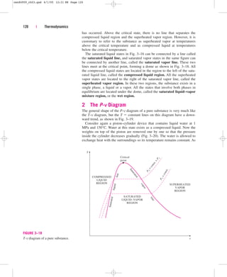 has occurred. Above the critical state, there is no line that separates the
compressed liquid region and the superheated vapor region. However, it is
customary to refer to the substance as superheated vapor at temperatures
above the critical temperature and as compressed liquid at temperatures
below the critical temperature.
The saturated liquid states in Fig. 3–16 can be connected by a line called
the saturated liquid line, and saturated vapor states in the same figure can
be connected by another line, called the saturated vapor line. These two
lines meet at the critical point, forming a dome as shown in Fig. 3–18. All
the compressed liquid states are located in the region to the left of the satu-
rated liquid line, called the compressed liquid region. All the superheated
vapor states are located to the right of the saturated vapor line, called the
superheated vapor region. In these two regions, the substance exists in a
single phase, a liquid or a vapor. All the states that involve both phases in
equilibrium are located under the dome, called the saturated liquid–vapor
mixture region, or the wet region.
2 The P-v Diagram
The general shape of the P-v diagram of a pure substance is very much like
the T-v diagram, but the T  constant lines on this diagram have a down-
ward trend, as shown in Fig. 3–19.
Consider again a piston–cylinder device that contains liquid water at 1
MPa and 150°C. Water at this state exists as a compressed liquid. Now the
weights on top of the piston are removed one by one so that the pressure
inside the cylinder decreases gradually (Fig. 3–20). The water is allowed to
exchange heat with the surroundings so its temperature remains constant. As
120 | Thermodynamics
T
Critical
point
l
i
n
e
l
i
q
u
i
d
S
a
tu
r
a
te
d
l
i
n
e
v
a
p
o
r
S
a
t
u
r
a
t
e
d
P
2
=
c
o
n
s
t
.

P
1
P
1
=
c
o
n
s
t
.
COMPRESSED
LIQUID
REGION
SATURATED
LIQUID–VAPOR
REGION
SUPERHEATED
VAPOR
REGION
v
FIGURE 3–18
T-v diagram of a pure substance.
cen84959_ch03.qxd 4/1/05 12:31 PM Page 120
 