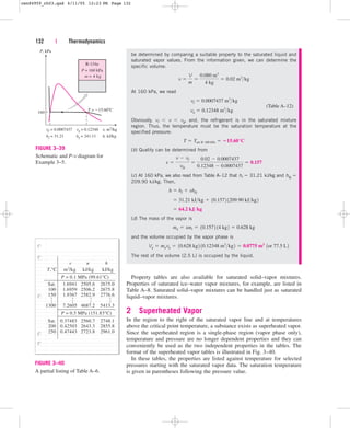 Property tables are also available for saturated solid–vapor mixtures.
Properties of saturated ice–water vapor mixtures, for example, are listed in
Table A–8. Saturated solid–vapor mixtures can be handled just as saturated
liquid–vapor mixtures.
2 Superheated Vapor
In the region to the right of the saturated vapor line and at temperatures
above the critical point temperature, a substance exists as superheated vapor.
Since the superheated region is a single-phase region (vapor phase only),
temperature and pressure are no longer dependent properties and they can
conveniently be used as the two independent properties in the tables. The
format of the superheated vapor tables is illustrated in Fig. 3–40.
In these tables, the properties are listed against temperature for selected
pressures starting with the saturated vapor data. The saturation temperature
is given in parentheses following the pressure value.
132 | Thermodynamics
be determined by comparing a suitable property to the saturated liquid and
saturated vapor values. From the information given, we can determine the
specific volume:
At 160 kPa, we read
(Table A–12)
Obviously, vf  v  vg, and, the refrigerant is in the saturated mixture
region. Thus, the temperature must be the saturation temperature at the
specified pressure:
(b) Quality can be determined from
(c) At 160 kPa, we also read from Table A–12 that hf  31.21 kJ/kg and hfg 
209.90 kJ/kg. Then,
(d) The mass of the vapor is
and the volume occupied by the vapor phase is
The rest of the volume (2.5 L) is occupied by the liquid.
Vg  mgvg  10.628 kg2 10.12348 m3
kg2  0.0775 m3
1or 77.5 L2
mg  xmt  10.1572 14 kg2  0.628 kg
 64.2 kJkg
 31.21 kJkg  10.1572 1209.90 kJkg2
h  hf  xhfg
x 
v  vf
vfg

0.02  0.0007437
0.12348  0.0007437
 0.157
T  Tsat @ 160 kPa  15.60°C
vg  0.12348 m3
kg
vf  0.0007437 m3
kg
v 
V
m

0.080 m3
4 kg
 0.02 m3
kg
P, kPa
vf = 0.0007437
P = 160 kPa
T = 15.60C
m = 4 kg
160
vg = 0.12348
hf = 31.21 hg = 241.11 h, kJ/kg
R-134a
v, m3/kg
FIGURE 3–39
Schematic and P-v diagram for
Example 3–5.
m3
/kg
P = 0.5 MPa (151.83°C)
P = 0.1 MPa (99.61°C)
T,°C kJ/kg kJ/kg
h
u
Sat.
100
150
1300
Sat.
200
250
…
1.6941
1.6959
1.9367
7.2605
0.37483
0.42503
0.47443
…
2505.6
2506.2
2582.9
4687.2
2560.7
2643.3
2723.8
…
2675.0
2675.8
2776.6
5413.3
2748.1
2855.8
2961.0
…
v
FIGURE 3–40
A partial listing of Table A–6.
cen84959_ch03.qxd 4/11/05 12:23 PM Page 132
 
