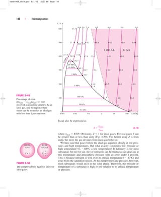 It can also be expressed as
(3–19)
where videal  RT/P. Obviously, Z  1 for ideal gases. For real gases Z can
be greater than or less than unity (Fig. 3–50). The farther away Z is from
unity, the more the gas deviates from ideal-gas behavior.
We have said that gases follow the ideal-gas equation closely at low pres-
sures and high temperatures. But what exactly constitutes low pressure or
high temperature? Is 100°C a low temperature? It definitely is for most
substances but not for air. Air (or nitrogen) can be treated as an ideal gas at
this temperature and atmospheric pressure with an error under 1 percent.
This is because nitrogen is well over its critical temperature (147°C) and
away from the saturation region. At this temperature and pressure, however,
most substances would exist in the solid phase. Therefore, the pressure or
temperature of a substance is high or low relative to its critical temperature
or pressure.
Z 
vactual
videal
140 | Thermodynamics
Z
Z = 1 Z
 1
= 1
 1
IDEAL
GAS
REAL
GASES
FIGURE 3–50
The compressibility factor is unity for
ideal gases.
v, m3
/kg
T, °C
0
100
200
300
400
500
600
100
10
1
0.1
0.01
0.001
0.0
0.0
1.6
0.0
0.0
0.5
0.0
0.0
0.2
0.0
0.0
0.1
0.0
0.0
0.1
0.0
0.0
0.5
2.4
5.0
10.8
17.3
0.8
4.1
20.8
37.1
8.8
1.3
7.4
17.6
271.0
56.2
2.6
16.7
152.7
49.5
25.7
6.0
0.0
20 MPa
10 MPa
5 MPa
1 MPa
100 kPa
10 kPa
0.8 kPa
0.1
7.6
3
0
M
P
a
I D E A L G A S
0.0
FIGURE 3–49
Percentage of error
([|vtable  videal|/vtable]  100)
involved in assuming steam to be an
ideal gas, and the region where
steam can be treated as an ideal gas
with less than 1 percent error.
cen84959_ch03.qxd 4/1/05 12:31 PM Page 140
 