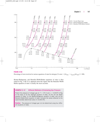 Beattie-Bridgeman, and Benedict-Webb-Rubin equations of state is illus-
trated in Fig. 3–60. It is apparent from this figure that the Benedict-Webb-
Rubin equation of state is usually the most accurate.
Chapter 3 | 147
v, m3
/kmol
T, K
300
200
100
0
100
10
1
0.1
0.01
20.7%
14.1%
2.1%
11.6%
6.3%
1.2%
3.2%
0.1%
1.0%
0.4%
0.1%
0.4%
0.1%
0.0%
0.2%
0.0%
0.0%
0.0%
0.0%
0.0%
0.0%
0.0%
0.0%
0.0%
5.7%
59.3%
18.7%
15.2%
74.5%
51.0%
7.9%
0.7%
5.2%
5.2%
0.6%
3.7%
3.3%
0.4%
2.5% 1.6%
0.2%
1.3%
0.8%
0.1%
0.8%
0.4%
0.1%
0.3%
100%
100%
100%
0.9%
0.1%
0.1%
0.4%
0.1%
0.1%
0
.1
M
P
a
0
.2
M
P
a
1
M
P
a
2
M
P
a
4
M
P
a
1
0
M
P
a
2
0
M
P
a
0
.
0
1
2
5
M
P
a
0.0%
0.0%
0.0%
0.0%
0.0%
0.0%
0.1%
0.0%
0.0%
0.5%
0.0%
0.0%
1.0%
0.1%
0.1%
1.9%
0.1%
0.1%
4.2%
0.1%
0.2%
4.7%
0.2%
0.2%
0.1%
0.0%
0.0%
0.1%
0.0%
0.0%
0.5%
0.0%
0.0%
0.5%
0.1%
0.0%
1.1%
0.1%
0.0%
2.3%
0.1%
0.0%
5.3%
0.1%
0.1%
3.7%
0.1%
0.4%
1.2%
0.1%
0.1%
2.8%
0.1%
0.1%
6.7%
0.7%
0.1%
2.9%
0.3%
0.7%
Van der Waals (top)
Beattie-Bridgeman (middle)
Benedict-Webb-Rubin (bottom)
FIGURE 3–60
Percentage of error involved in various equations of state for nitrogen (% error  [(|vtable  vequation|)/vtable]  100).
EXAMPLE 3–13 Different Methods of Evaluating Gas Pressure
Predict the pressure of nitrogen gas at T  175 K and v  0.00375 m3/kg
on the basis of (a) the ideal-gas equation of state, (b) the van der Waals
equation of state, (c) the Beattie-Bridgeman equation of state, and (d) the
Benedict-Webb-Rubin equation of state. Compare the values obtained to the
experimentally determined value of 10,000 kPa.
Solution The pressure of nitrogen gas is to be determined using four differ-
ent equations of state.
cen84959_ch03.qxd 4/1/05 12:31 PM Page 147
 