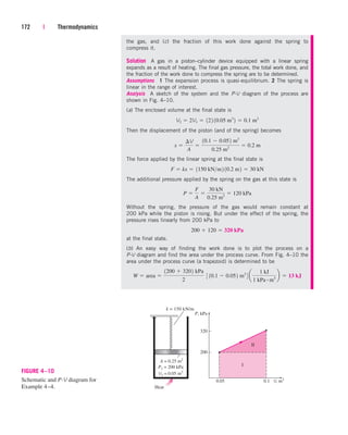 172 | Thermodynamics
the gas, and (c) the fraction of this work done against the spring to
compress it.
Solution A gas in a piston–cylinder device equipped with a linear spring
expands as a result of heating. The final gas pressure, the total work done, and
the fraction of the work done to compress the spring are to be determined.
Assumptions 1 The expansion process is quasi-equilibrium. 2 The spring is
linear in the range of interest.
Analysis A sketch of the system and the P-V diagram of the process are
shown in Fig. 4–10.
(a) The enclosed volume at the final state is
Then the displacement of the piston (and of the spring) becomes
The force applied by the linear spring at the final state is
The additional pressure applied by the spring on the gas at this state is
Without the spring, the pressure of the gas would remain constant at
200 kPa while the piston is rising. But under the effect of the spring, the
pressure rises linearly from 200 kPa to
at the final state.
(b) An easy way of finding the work done is to plot the process on a
P-V diagram and find the area under the process curve. From Fig. 4–10 the
area under the process curve (a trapezoid) is determined to be
W  area 
1200  3202 kPa
2
¬3 10.1  0.052 m3
4 a
1 kJ
1 kPa # m3
b  13 kJ
200  120  320 kPa
P 
F
A

30 kN
0.25 m2
 120 kPa
F  kx  1150 kNm2 10.2 m2  30 kN
x 
¢V
A

10.1  0.052 m3
0.25 m2
 0.2 m
V2  2V1  122 10.05 m3
2  0.1 m3
P, kPa
V, m3
P1 = 200 kPa
II
0.1
0.05
V1 = 0.05 m3
I
320
200
Heat
A = 0.25 m2
k = 150 kN/m
FIGURE 4–10
Schematic and P-V diagram for
Example 4–4.
cen84959_ch04.qxd 4/20/05 5:10 PM Page 172
 