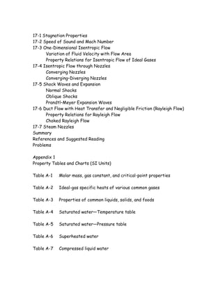 17-1 Stagnation Properties
17-2 Speed of Sound and Mach Number
17-3 One-Dimensional Isentropic Flow
Variation of Fluid Velocity with Flow Area
Property Relations for Isentropic Flow of Ideal Gases
17-4 Isentropic Flow through Nozzles
Converging Nozzles
Converging–Diverging Nozzles
17-5 Shock Waves and Expansion
Normal Shocks
Oblique Shocks
Prandtl–Meyer Expansion Waves
17-6 Duct Flow with Heat Transfer and Negligible Friction (Rayleigh Flow)
Property Relations for Rayleigh Flow
Choked Rayleigh Flow
17-7 Steam Nozzles
Summary
References and Suggested Reading
Problems
Appendix 1
Property Tables and Charts (SI Units)
Table A-1 Molar mass, gas constant, and critical-point properties
Table A-2 Ideal-gas specific heats of various common gases
Table A-3 Properties of common liquids, solids, and foods
Table A-4 Saturated water—Temperature table
Table A-5 Saturated water—Pressure table
Table A-6 Superheated water
Table A-7 Compressed liquid water
 