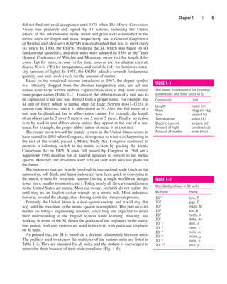 did not find universal acceptance until 1875 when The Metric Convention
Treaty was prepared and signed by 17 nations, including the United
States. In this international treaty, meter and gram were established as the
metric units for length and mass, respectively, and a General Conference
of Weights and Measures (CGPM) was established that was to meet every
six years. In 1960, the CGPM produced the SI, which was based on six
fundamental quantities, and their units were adopted in 1954 at the Tenth
General Conference of Weights and Measures: meter (m) for length, kilo-
gram (kg) for mass, second (s) for time, ampere (A) for electric current,
degree Kelvin (°K) for temperature, and candela (cd) for luminous inten-
sity (amount of light). In 1971, the CGPM added a seventh fundamental
quantity and unit: mole (mol) for the amount of matter.
Based on the notational scheme introduced in 1967, the degree symbol
was officially dropped from the absolute temperature unit, and all unit
names were to be written without capitalization even if they were derived
from proper names (Table 1–1). However, the abbreviation of a unit was to
be capitalized if the unit was derived from a proper name. For example, the
SI unit of force, which is named after Sir Isaac Newton (1647–1723), is
newton (not Newton), and it is abbreviated as N. Also, the full name of a
unit may be pluralized, but its abbreviation cannot. For example, the length
of an object can be 5 m or 5 meters, not 5 ms or 5 meter. Finally, no period
is to be used in unit abbreviations unless they appear at the end of a sen-
tence. For example, the proper abbreviation of meter is m (not m.).
The recent move toward the metric system in the United States seems to
have started in 1968 when Congress, in response to what was happening in
the rest of the world, passed a Metric Study Act. Congress continued to
promote a voluntary switch to the metric system by passing the Metric
Conversion Act in 1975. A trade bill passed by Congress in 1988 set a
September 1992 deadline for all federal agencies to convert to the metric
system. However, the deadlines were relaxed later with no clear plans for
the future.
The industries that are heavily involved in international trade (such as the
automotive, soft drink, and liquor industries) have been quick in converting to
the metric system for economic reasons (having a single worldwide design,
fewer sizes, smaller inventories, etc.). Today, nearly all the cars manufactured
in the United States are metric. Most car owners probably do not realize this
until they try an English socket wrench on a metric bolt. Most industries,
however, resisted the change, thus slowing down the conversion process.
Presently the United States is a dual-system society, and it will stay that
way until the transition to the metric system is completed. This puts an extra
burden on today’s engineering students, since they are expected to retain
their understanding of the English system while learning, thinking, and
working in terms of the SI. Given the position of the engineers in the transi-
tion period, both unit systems are used in this text, with particular emphasis
on SI units.
As pointed out, the SI is based on a decimal relationship between units.
The prefixes used to express the multiples of the various units are listed in
Table 1–2. They are standard for all units, and the student is encouraged to
memorize them because of their widespread use (Fig. 1–6).
Chapter 1 | 5
TABLE 1–1
The seven fundamental (or primary)
dimensions and their units in SI
Dimension Unit
Length meter (m)
Mass kilogram (kg)
Time second (s)
Temperature kelvin (K)
Electric current ampere (A)
Amount of light candela (cd)
Amount of matter mole (mol)
TABLE 1–2
Standard prefixes in SI units
Multiple Prefix
1012 tera, T
109 giga, G
106 mega, M
103 kilo, k
102 hecto, h
101 deka, da
101 deci, d
102 centi, c
103 milli, m
106 micro, m
109 nano, n
1012 pico, p
cen84959_ch01.qxd 3/31/05 3:38 PM Page 5
 