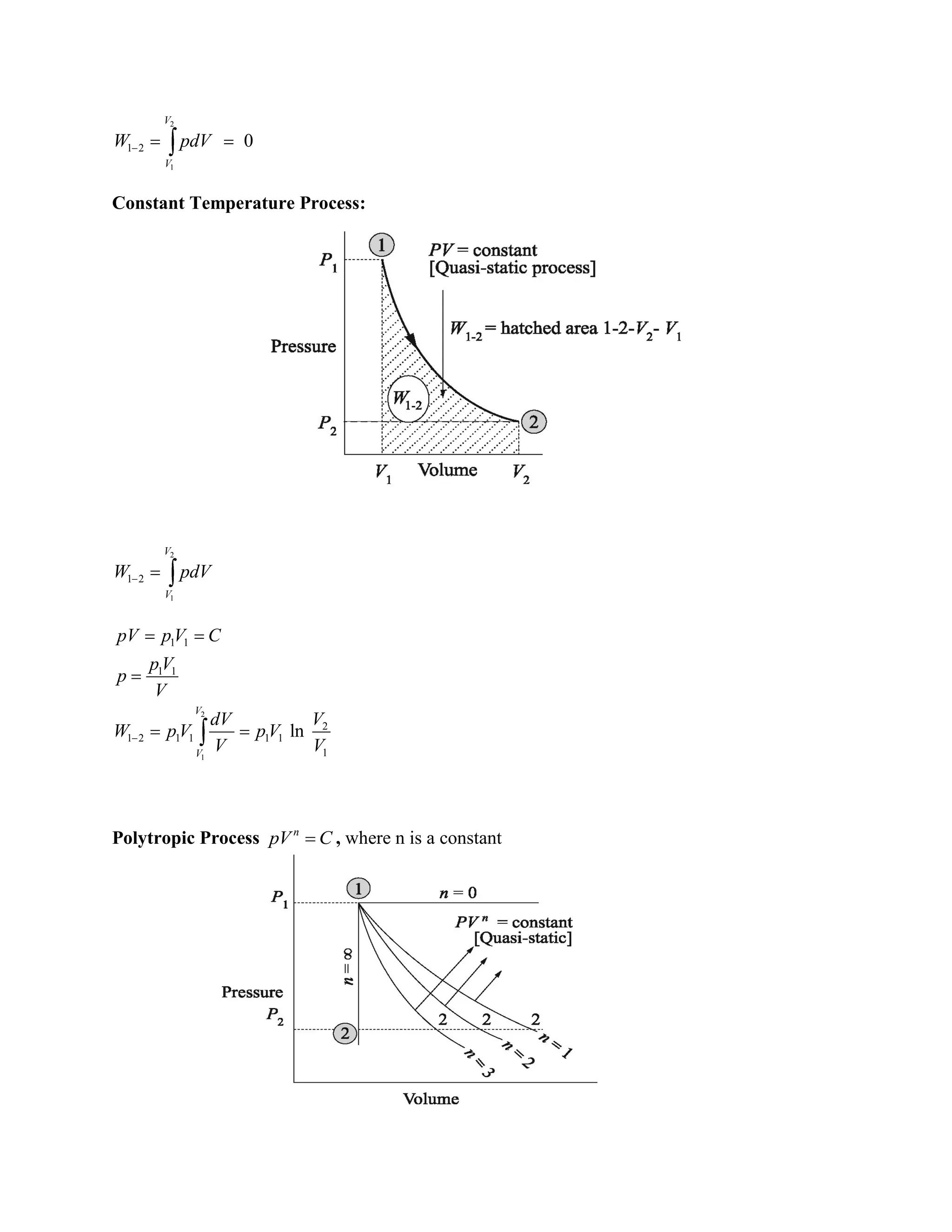 2
1
1 2 0
V
V
W pdV
Constant Temperature Process:
2
1
1 2
V
V
W pdV
Polytropic Process n
pV C , where n is a constant
2
1
1 1
1 1
2
1 2 1 1 1 1
1
ln
V
V
pV pV C
pV
p
V
VdV
W pV pV
V V
 