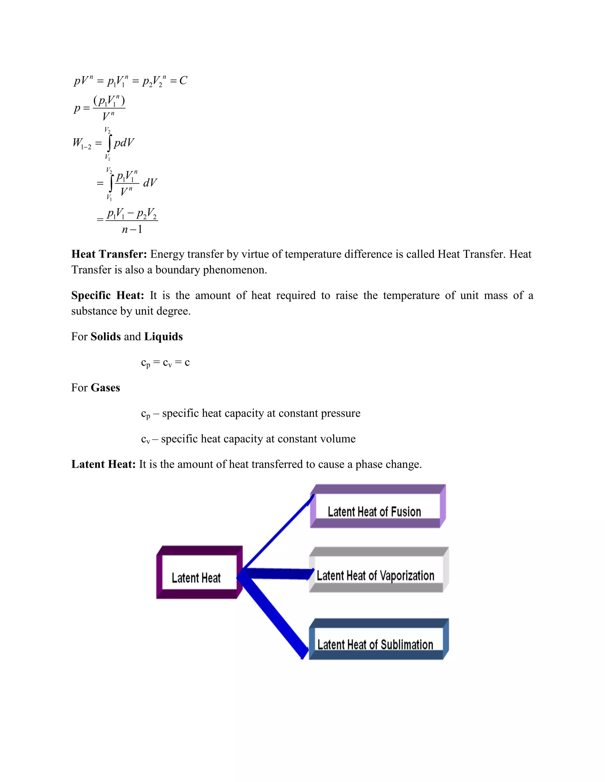 2
1
2
1
1 1 2 2
1 1
1 2
1 1
1 1 2 2
( )
=
1
n n n
n
n
V
V
V n
n
V
pV pV p V C
pV
p
V
W pdV
pV
dV
V
pV p V
n
Heat Transfer: Energy transfer by virtue of temperature difference is called Heat Transfer. Heat
Transfer is also a boundary phenomenon.
Specific Heat: It is the amount of heat required to raise the temperature of unit mass of a
substance by unit degree.
For Solids and Liquids
cp = cv = c
For Gases
cp – specific heat capacity at constant pressure
cv – specific heat capacity at constant volume
Latent Heat: It is the amount of heat transferred to cause a phase change.
 