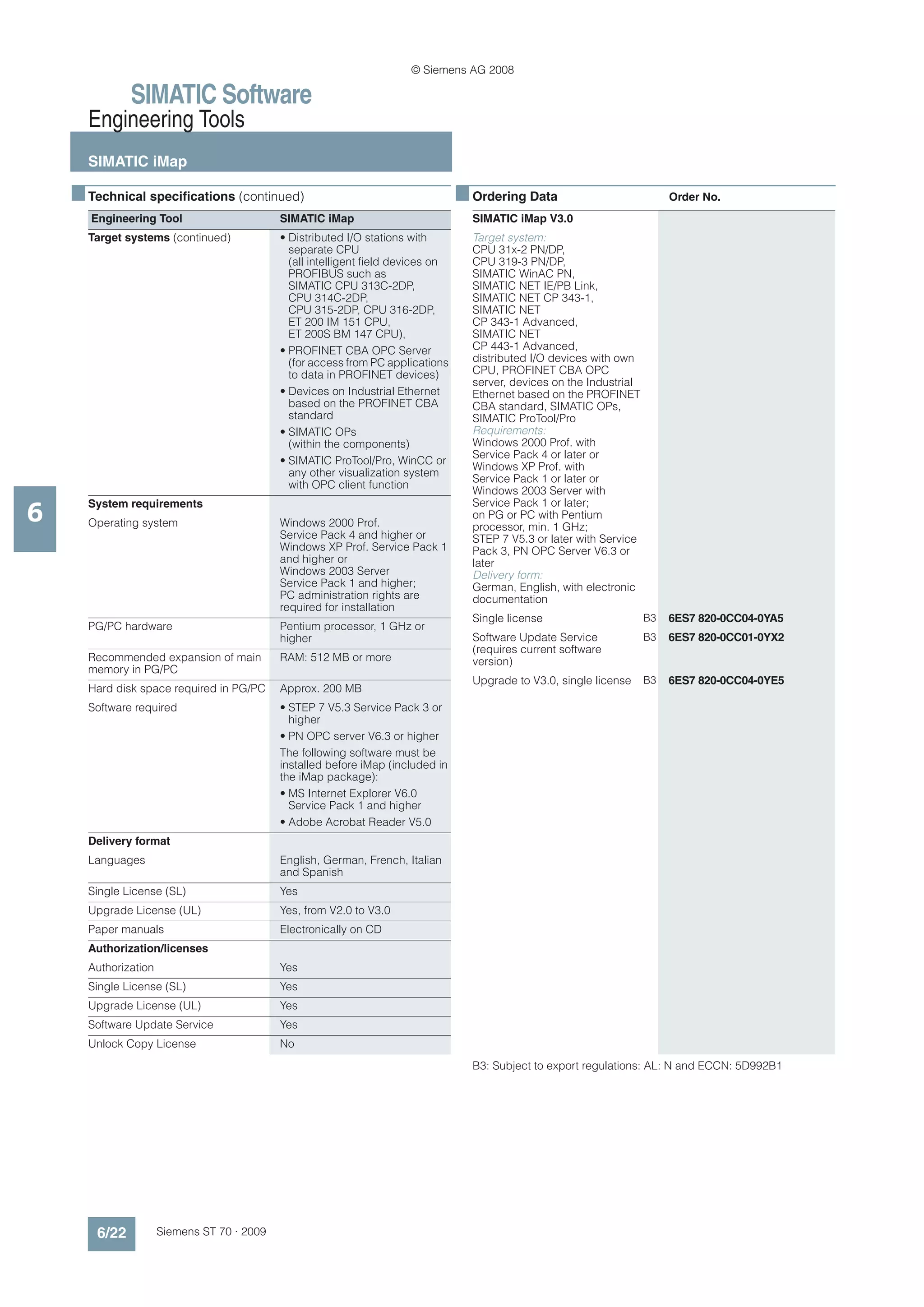 © Siemens AG 2008

               SIMATIC Software
      Engineering Tools
      SIMATIC iMap

    ■ Technical specifications (continued)                                         ■ Ordering Data                            Order No.
       Engineering Tool                      SIMATIC iMap                            SIMATIC iMap V3.0
      Target systems (continued)             • Distributed I/O stations with         Target system:
                                               separate CPU                          CPU 31x-2 PN/DP,
                                               (all intelligent field devices on     CPU 319-3 PN/DP,
                                               PROFIBUS such as                      SIMATIC WinAC PN,
                                               SIMATIC CPU 313C-2DP,                 SIMATIC NET IE/PB Link,
                                               CPU 314C-2DP,                         SIMATIC NET CP 343-1,
                                               CPU 315-2DP, CPU 316-2DP,             SIMATIC NET
                                               ET 200 IM 151 CPU,                    CP 343-1 Advanced,
                                               ET 200S BM 147 CPU),                  SIMATIC NET
                                             • PROFINET CBA OPC Server               CP 443-1 Advanced,
                                               (for access from PC applications      distributed I/O devices with own
                                               to data in PROFINET devices)          CPU, PROFINET CBA OPC
                                                                                     server, devices on the Industrial
                                             • Devices on Industrial Ethernet        Ethernet based on the PROFINET
                                               based on the PROFINET CBA             CBA standard, SIMATIC OPs,
                                               standard                              SIMATIC ProTool/Pro
                                             • SIMATIC OPs                           Requirements:
                                               (within the components)               Windows 2000 Prof. with
                                                                                     Service Pack 4 or later or
                                             • SIMATIC ProTool/Pro, WinCC or
                                                                                     Windows XP Prof. with
                                               any other visualization system
                                                                                     Service Pack 1 or later or
                                               with OPC client function
                                                                                     Windows 2003 Server with

6
      System requirements                                                            Service Pack 1 or later;
                                                                                     on PG or PC with Pentium
      Operating system                       Windows 2000 Prof.                      processor, min. 1 GHz;
                                             Service Pack 4 and higher or            STEP 7 V5.3 or later with Service
                                             Windows XP Prof. Service Pack 1         Pack 3, PN OPC Server V6.3 or
                                             and higher or                           later
                                             Windows 2003 Server                     Delivery form:
                                             Service Pack 1 and higher;              German, English, with electronic
                                             PC administration rights are            documentation
                                             required for installation
                                                                                     Single license                      B3   6ES7 820-0CC04-0YA5
      PG/PC hardware                         Pentium processor, 1 GHz or
                                             higher                                  Software Update Service             B3   6ES7 820-0CC01-0YX2
                                                                                     (requires current software
      Recommended expansion of main          RAM: 512 MB or more                     version)
      memory in PG/PC
                                                                                     Upgrade to V3.0, single license     B3   6ES7 820-0CC04-0YE5
      Hard disk space required in PG/PC      Approx. 200 MB
      Software required                      • STEP 7 V5.3 Service Pack 3 or
                                               higher
                                             • PN OPC server V6.3 or higher
                                             The following software must be
                                             installed before iMap (included in
                                             the iMap package):
                                             • MS Internet Explorer V6.0
                                               Service Pack 1 and higher
                                             • Adobe Acrobat Reader V5.0
      Delivery format
      Languages                              English, German, French, Italian
                                             and Spanish
      Single License (SL)                    Yes
      Upgrade License (UL)                   Yes, from V2.0 to V3.0
      Paper manuals                          Electronically on CD
      Authorization/licenses
      Authorization                          Yes
      Single License (SL)                    Yes
      Upgrade License (UL)                   Yes
      Software Update Service                Yes
      Unlock Copy License                    No
                                                                                     B3: Subject to export regulations: AL: N and ECCN: 5D992B1




        6/22          Siemens ST 70 · 2009
 