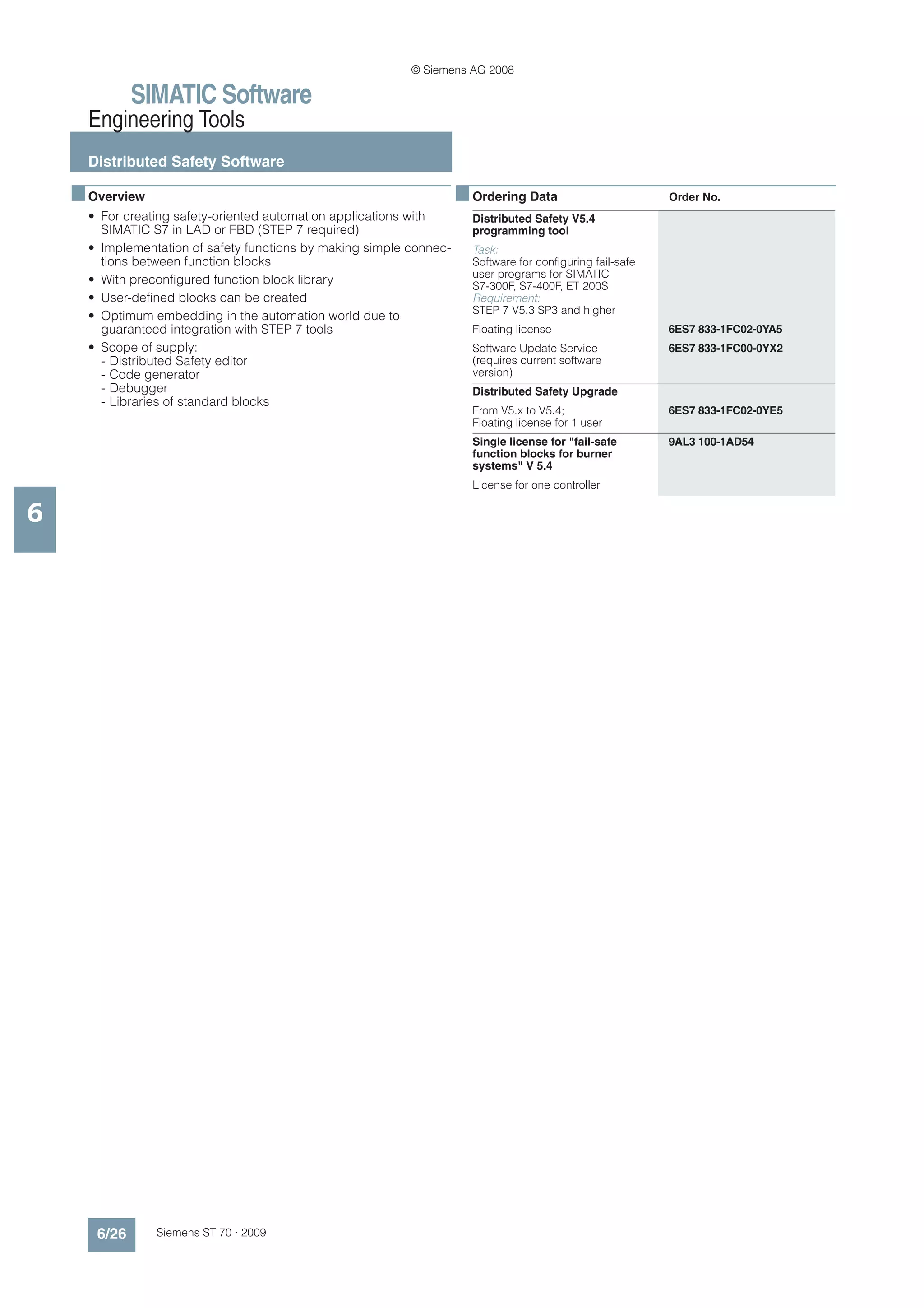 © Siemens AG 2008

              SIMATIC Software
      Engineering Tools
      Distributed Safety Software

    ■ Overview                                                        ■ Ordering Data                        Order No.
      • For creating safety-oriented automation applications with       Distributed Safety V5.4
        SIMATIC S7 in LAD or FBD (STEP 7 required)                      programming tool
      • Implementation of safety functions by making simple connec-     Task:
        tions between function blocks                                   Software for configuring fail-safe
                                                                        user programs for SIMATIC
      • With preconfigured function block library                       S7-300F, S7-400F, ET 200S
      • User-defined blocks can be created                              Requirement:
                                                                        STEP 7 V5.3 SP3 and higher
      • Optimum embedding in the automation world due to
        guaranteed integration with STEP 7 tools                        Floating license                     6ES7 833-1FC02-0YA5
      • Scope of supply:                                                Software Update Service              6ES7 833-1FC00-0YX2
        - Distributed Safety editor                                     (requires current software
        - Code generator                                                version)
        - Debugger                                                      Distributed Safety Upgrade
        - Libraries of standard blocks
                                                                        From V5.x to V5.4;                   6ES7 833-1FC02-0YE5
                                                                        Floating license for 1 user
                                                                        Single license for "fail-safe        9AL3 100-1AD54
                                                                        function blocks for burner
                                                                        systems" V 5.4
                                                                        License for one controller

6




       6/26      Siemens ST 70 · 2009
 