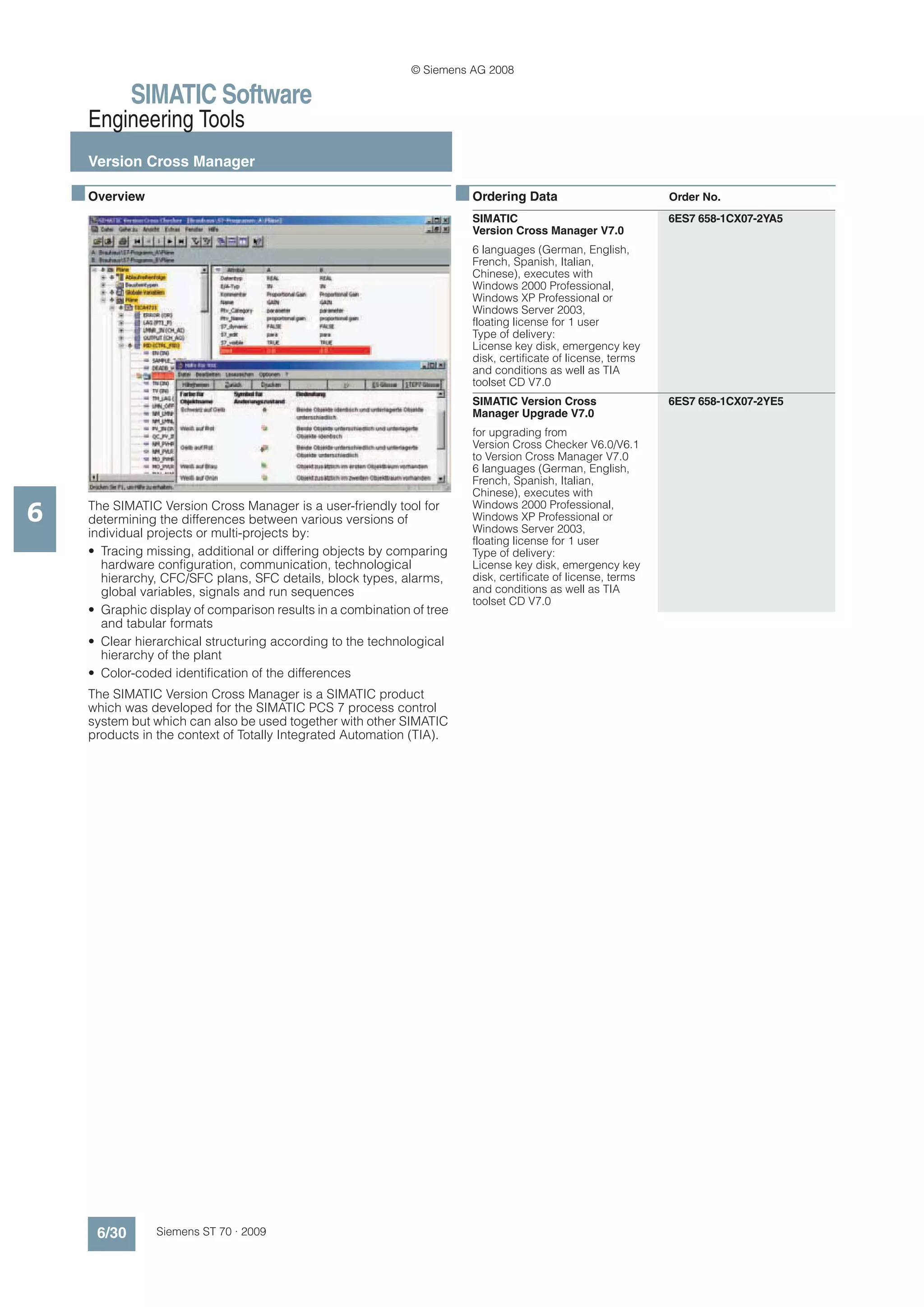 © Siemens AG 2008

              SIMATIC Software
      Engineering Tools
      Version Cross Manager

    ■ Overview                                                           ■ Ordering Data                         Order No.
                                                                           SIMATIC                               6ES7 658-1CX07-2YA5
                                                                           Version Cross Manager V7.0
                                                                           6 languages (German, English,
                                                                           French, Spanish, Italian,
                                                                           Chinese), executes with
                                                                           Windows 2000 Professional,
                                                                           Windows XP Professional or
                                                                           Windows Server 2003,
                                                                           floating license for 1 user
                                                                           Type of delivery:
                                                                           License key disk, emergency key
                                                                           disk, certificate of license, terms
                                                                           and conditions as well as TIA
                                                                           toolset CD V7.0
                                                                           SIMATIC Version Cross                 6ES7 658-1CX07-2YE5
                                                                           Manager Upgrade V7.0
                                                                           for upgrading from
                                                                           Version Cross Checker V6.0/V6.1
                                                                           to Version Cross Manager V7.0
                                                                           6 languages (German, English,
                                                                           French, Spanish, Italian,
                                                                           Chinese), executes with

6     The SIMATIC Version Cross Manager is a user-friendly tool for
      determining the differences between various versions of
                                                                           Windows 2000 Professional,
                                                                           Windows XP Professional or
                                                                           Windows Server 2003,
      individual projects or multi-projects by:
                                                                           floating license for 1 user
      • Tracing missing, additional or differing objects by comparing      Type of delivery:
        hardware configuration, communication, technological               License key disk, emergency key
        hierarchy, CFC/SFC plans, SFC details, block types, alarms,        disk, certificate of license, terms
        global variables, signals and run sequences                        and conditions as well as TIA
                                                                           toolset CD V7.0
      • Graphic display of comparison results in a combination of tree
        and tabular formats
      • Clear hierarchical structuring according to the technological
        hierarchy of the plant
      • Color-coded identification of the differences
      The SIMATIC Version Cross Manager is a SIMATIC product
      which was developed for the SIMATIC PCS 7 process control
      system but which can also be used together with other SIMATIC
      products in the context of Totally Integrated Automation (TIA).




       6/30       Siemens ST 70 · 2009
 