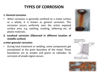1. General corrosion
• When corrosion is generally confined to a metal surface
as a whole, it is known as general corrosion. This
corrosion occurs uniformly over the entire exposed
surface area. e.g. swelling, cracking, softening etc. of
plastic materials.
2. Localised corrosion (Observed in different location of
metallic surface)
a.Inter-granular corrosion:
• During heat treatment or welding, some components get
precipitated at the grain boundary of the metal. These
boundaries act as anodes and grains as cathodes. So
corrosion of anode region occurs.
TYPES OF CORROSION
 