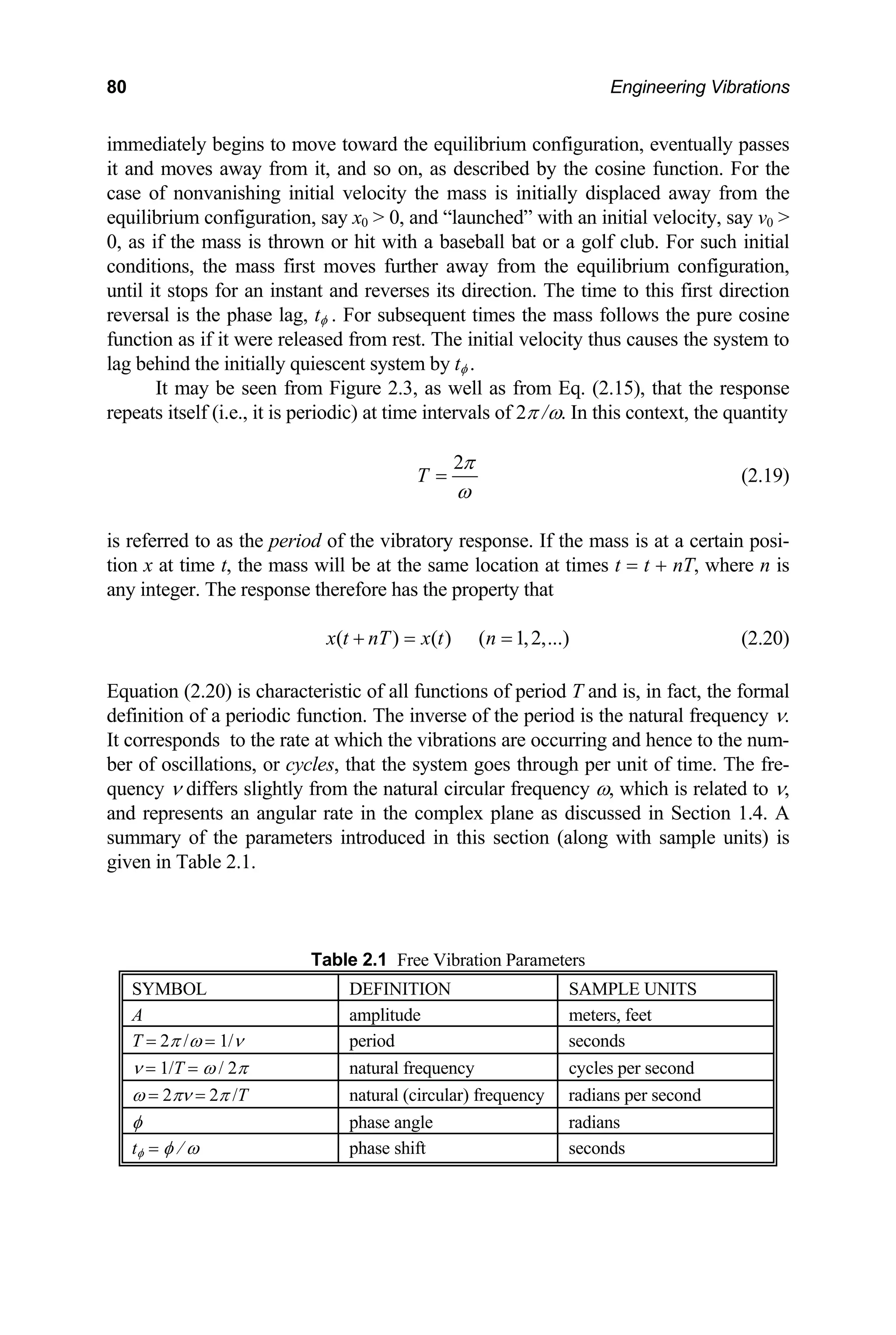 80 Engineering Vibrations
immediately begins to move toward the equilibrium configuration, eventually passes
it and moves away from it, and so on, as described by the cosine function. For the
case of nonvanishing initial velocity the mass is initially displaced away from the
equilibrium configuration, say x0 > 0, and “launched” with an initial velocity, say v0 >
0, as if the mass is thrown or hit with a baseball bat or a golf club. For such initial
conditions, the mass first moves further away from the equilibrium configuration,
until it stops for an instant and reverses its direction. The time to this first direction
reversal is the phase lag, tφ . For subsequent times the mass follows the pure cosine
function as if it were released from rest. The initial velocity thus causes the system to
peats itself (i.e., it is periodic) at time intervals of 2π /ω. In this context, the quantity
lag behind the initially quiescent system by tφ .
It may be seen from Figure 2.3, as well as from Eq. (2.15), that the response
re
2
T
π
ω
= (2.19)
times t = t + nT, where n is
ny integer. The response therefore has the property that
is referred to as the period of the vibratory response. If the mass is at a certain posi-
tion x at time t, the mass will be at the same location at
a
( ) ( ) ( 1,2,...)
x t nT x t n
+ = = (2.20)
rameters introduced in this section (along with sample units) is
iven in Table 2.1.
Tab ration Paramet
MBOL N ITS
Equation (2.20) is characteristic of all functions of period T and is, in fact, the formal
definition of a periodic function. The inverse of the period is the natural frequency ν.
It corresponds to the rate at which the vibrations are occurring and hence to the num-
ber of oscillations, or cycles, that the system goes through per unit of time. The fre-
quency ν differs slightly from the natural circular frequency ω, which is related to ν,
and represents an angular rate in the complex plane as discussed in Section 1.4. A
summary of the pa
g
le 2.1 Free Vib ers
SY DEFINITIO SAMPLE UN
A amplitude et
meters, fe
T = 2π /ω = 1/ν period seconds
ν = 1/T = ω / 2π natural frequency cycles per second
ω = 2πν = 2π /T lar) frequency er second
natural (circu radians p
φ phase angle radians
tφ = φ / ω phase shift seconds
 