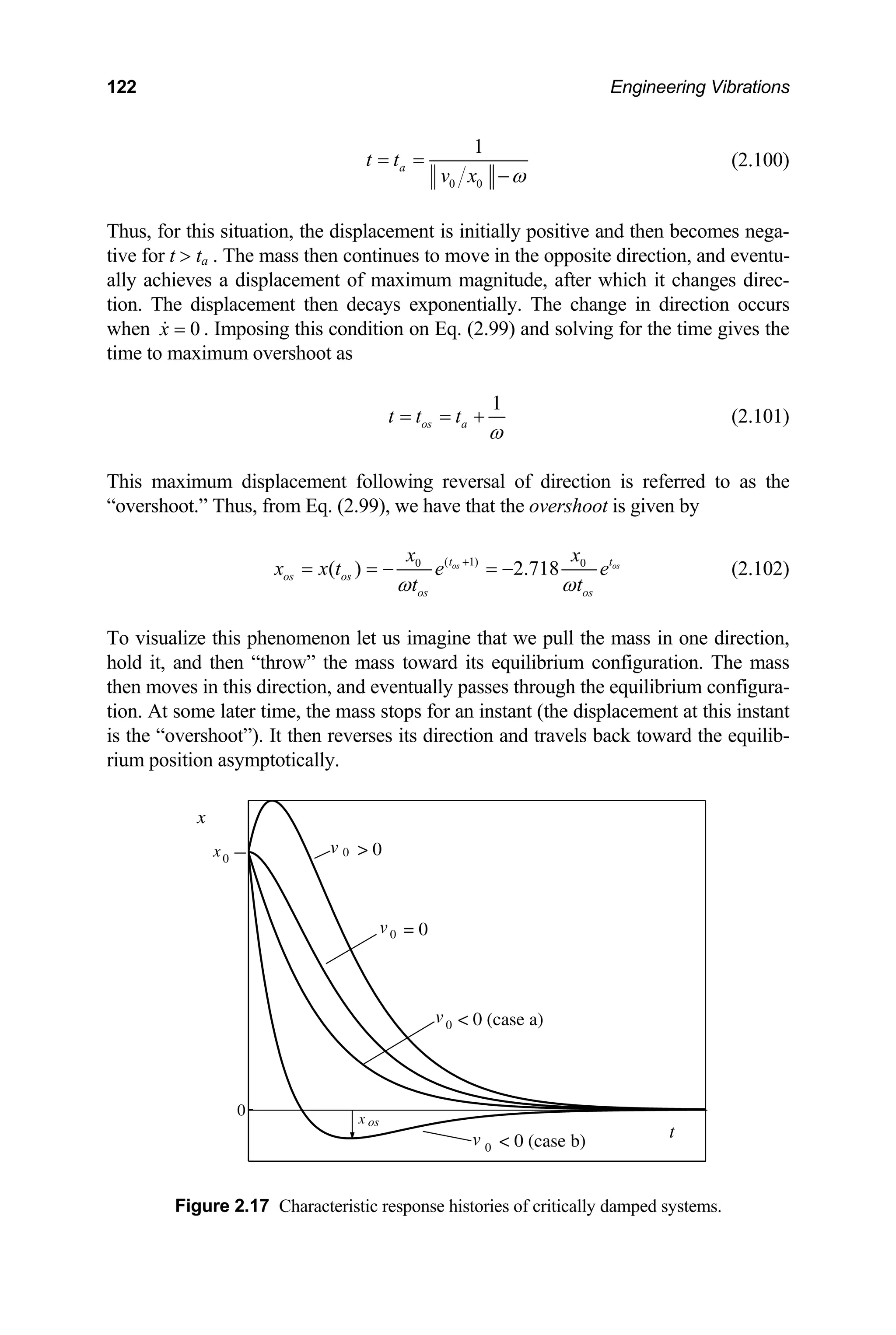 122 Engineering Vibrations
0 0
1
a
t t
v x ω
= =
−
(2.100)
Thus, for this situation, the displacement is initially positive and then becomes nega-
tive for t > ta . The mass then continues to move in the opposite direction, and eventu-
ally achieves a displacement of maximum magnitude, after which it changes direc-
tion. The displacement then decays exponentially. The change in direction occurs
when . Imposing this condition on Eq. (2.99) and solving for the time gives the
time to maximum overshoot as
0
x =
1
os a
t t t
ω
= = + (2.101)
This maximum displacement following reversal of direction is referred to as the
“overshoot.” Thus, from Eq. (2.99), we have that the overshoot is given by
( 1)
0
( ) 2.718
os os
t
os os
os os
x 0 t
x
x x t e e
t t
ω ω
+
= = − = − (2.102)
To visualize this phenomenon let us imagine that we pull the mass in one direction,
hold it, and then “throw” the mass toward its equilibrium configuration. The mass
then moves in this direction, and eventually passes through the equilibrium configura-
tion. At some later time, the mass stops for an instant (the displacement at this instant
is the “overshoot”). It then reverses its direction and travels back toward the equilib-
rium position asymptotically.
Figure 2.17 Characteristic response histories of critically damped systems.
0
x
v 0 > 0
v0 = 0
< 0 (case b)
v 0
t
x0
v0 < 0 (case a)
x os
 