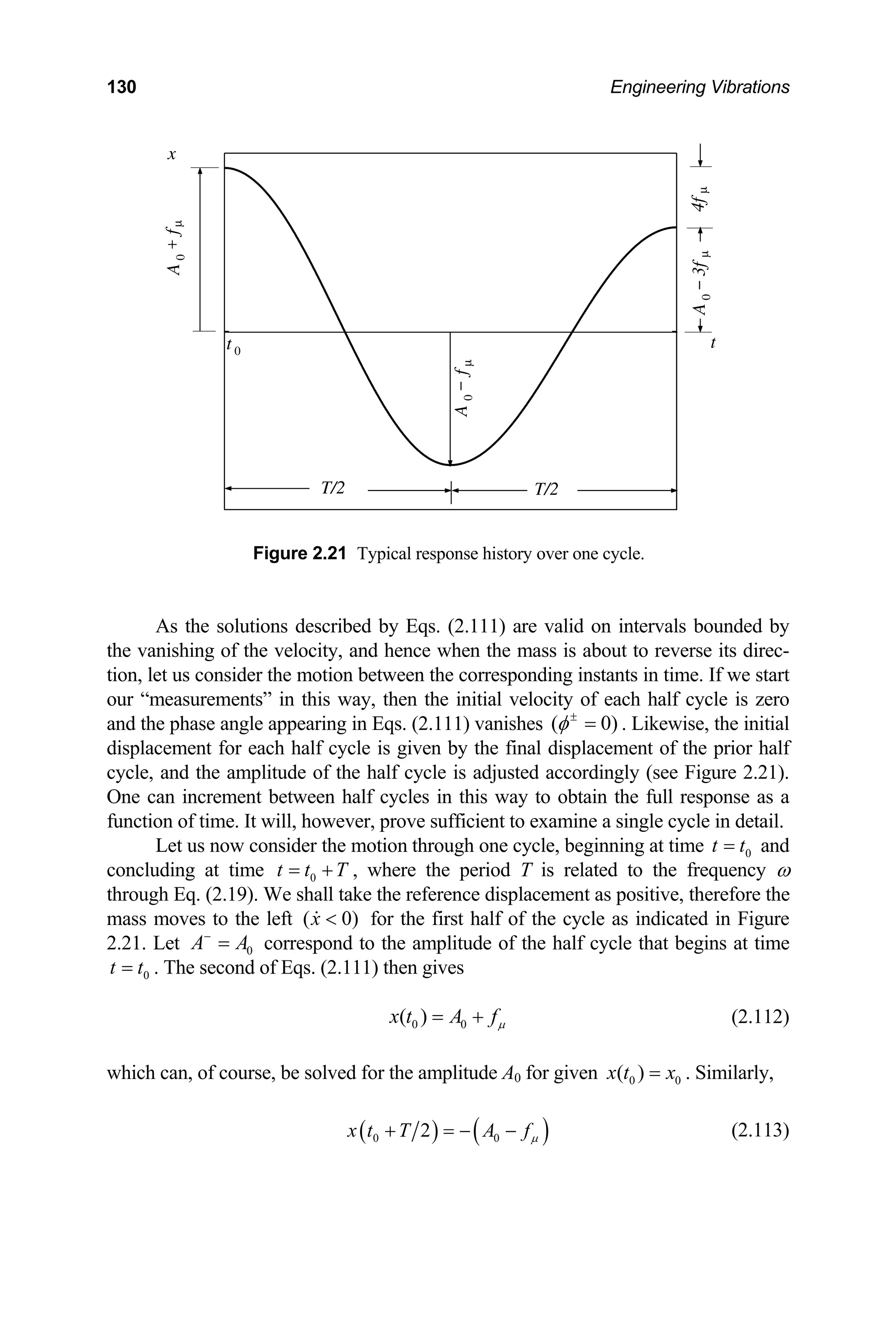 130 Engineering Vibrations
by
the vani s direc-
tion, l art
our “m e is zero
and th
A
0
f
µ
A
0
µ
f
4f
µ
3f
µ
A
0
T/2 T/2
x
t
t 0
+
−
−
Figure 2.21 Typical response history over one cycle.
As the solutions described by Eqs. (2.111) are valid on intervals bounded
shing of the velocity, and hence when the mass is about to reverse it
et us consider the motion between the corresponding instants in time. If we st
easurements” in this way, then the initial velocity of each half cycl
e phase angle appearing in Eqs. (2.111) vanishes ( 0)
φ±
= . Likewise, th
ement for each half cycle is given by the final displacement of the
and the amplitude of the half cycle is adjusted accordingly (see Fi
ncrement between half cycles in this way to obtain the full
tion of time. It will, however, prove sufficient to examine a single cycle in
Let us now consider the motion through one cycle, beginning at time
e initial
displac prior half
cycle, gure 2.21).
One can i response as a
func detail.
and
concluding at time , where the period T is related to the frequency ω
hrough Eq. (2.19). We shall take the reference displacement as positive, therefore the
ass moves to the left ) for the first half of the cycle as indicated in Figure
0
t t
=
0
t t T
= +
t
m ( 0
x <
2.21. Let 0
A A
−
= correspond to the amplitude of the half cycle that begins at time
= Eqs. (2.111) then gives
0
t t . The second of
0 0
( )
x t A fµ
= + (2.112)
which can, of course, be solved for the amplitude A0 for given 0 0
( )
x t x
= . Similarly,
( ) ( )
0 0
2
x t T A fµ
+ = − − (2.113)
 