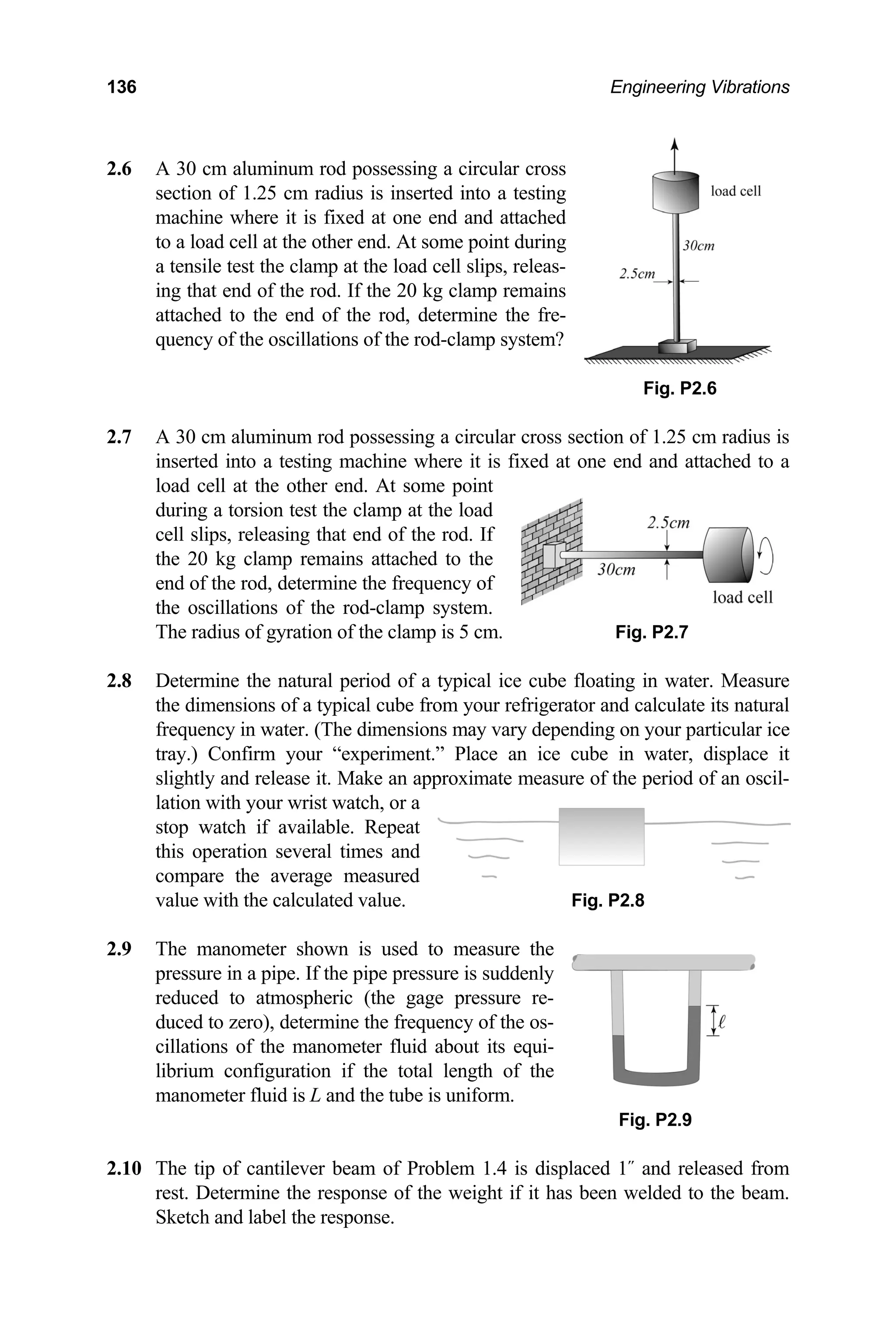 136 Engineering Vibrations
A 30 cm aluminum rod possessing a circular cross
section of 1.25 cm radius is inserted into a testing
machine where it is fixed at one end and attach
2.6
ed
to a load cell at the other end. At some point during
Fig. P2.6
2.7
cell slips, releasing that end of the rod. If
2.8 loating in water. Measure
tor and calculate its natural
ding on your particular ice
tray.) Confirm your “experiment.” Place an ice cube in water, displace it
slightly and n oscil-
lation with your wrist watch, or a
2.9 re the
ddenly
re re-
cillations of the manometer fluid about its equi-
2.10
e weight if it has been welded to the beam.
a tensile test the clamp at the load cell slips, releas-
ing that end of the rod. If the 20 kg clamp remains
attached to the end of the rod, determine the fre-
quency of the oscillations of the rod-clamp system?
A 30 cm aluminum rod possessing a circular cross section of 1.25 cm radius is
inserted into a testing machine where it is fixed at one end and attached to a
load cell at the other end. At some point
during a torsion test the clamp at the load
the 20 kg clamp remains attached to the
end of the rod, determine the frequency of
the oscillations of the rod-clamp system.
The radius of gyration of the clamp is 5 cm.
Determine the natural period of a typical ice cube f
the dimensions of a typical cube from your refrigera
frequency in water. (The dimensions may vary depen
Fig. P2.7
release it. Make an approximate measure of the period of a
stop watch if available. Repeat
this operation several times and
compare the average measured
value with the calculated value.
The manometer shown is used to measu
pressure in a pipe. If the pipe pressure is su
reduced to atmospheric (the gage pressu
duced to zero), determine the frequency of the os-
Fig. P2.8
librium configuration if the total length of the
manometer fluid is L and the tube is uniform.
Fig. P2.9
The tip of cantilever beam of Problem 1.4 is displaced 1˝ and released from
rest. Determine the response of th
Sketch and label the response.
 